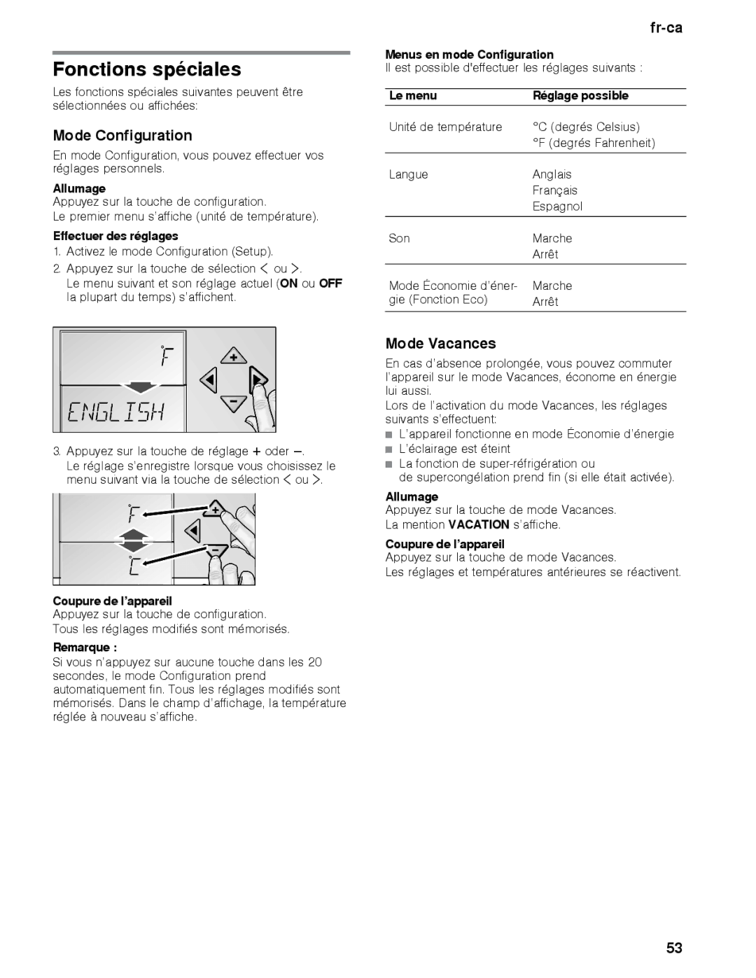 Thermador T36BT, T36BB, T36IB, T30IB, T30BB, T36IT manual Fonctions spéciales, Mode Configuration, Mode Vacances 