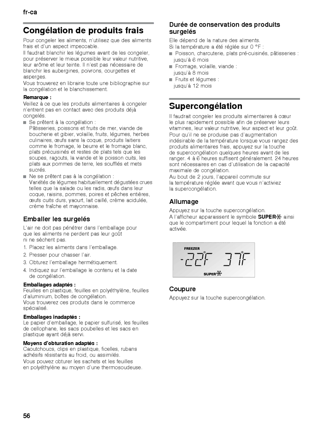 Thermador T30IB, T36BB, T36IB, T30BB, T36IT Congélation de produits frais, Supercongélation, Emballer les surgelés, Coupure 