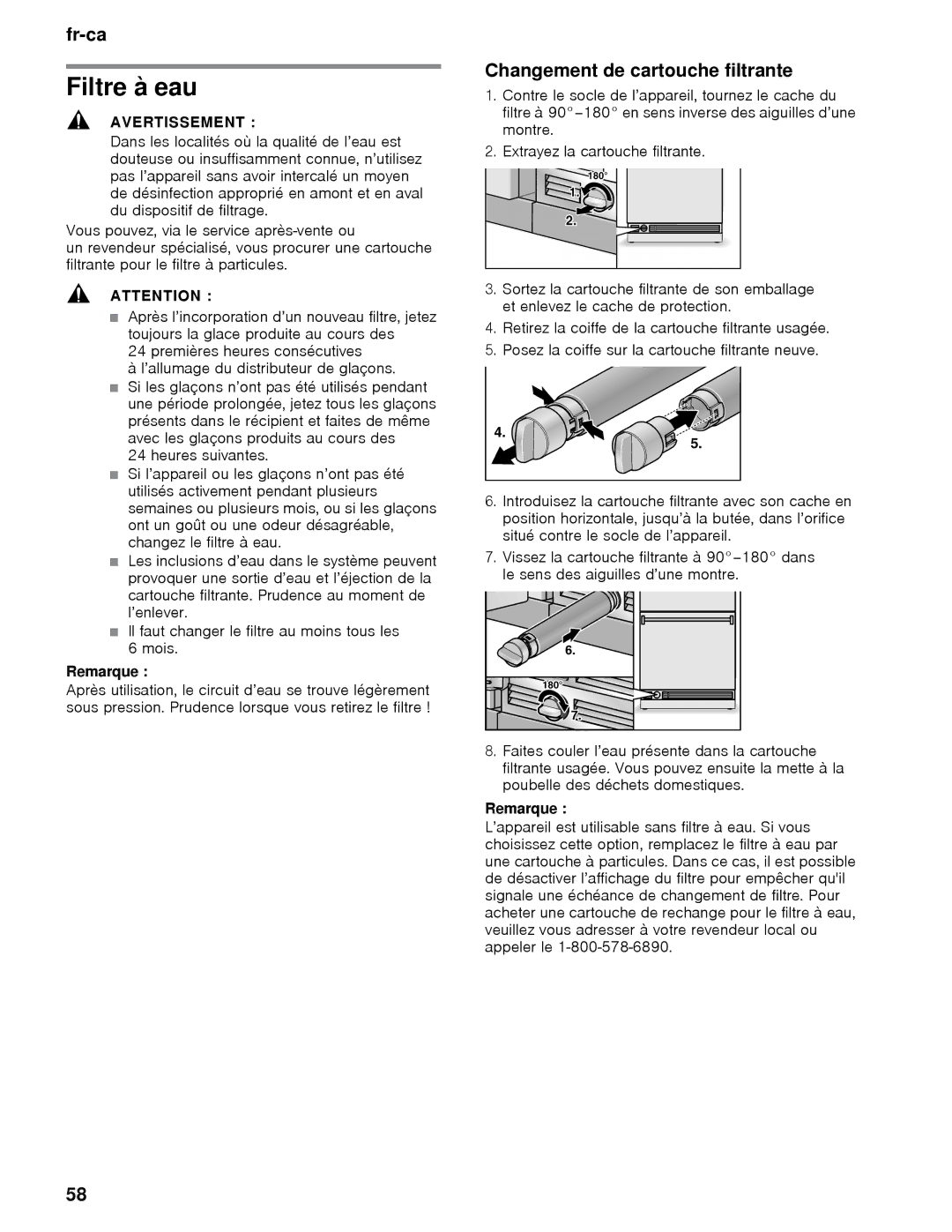 Thermador T36IT, T36BB, T36IB, T30IB, T30BB, T36BT manual Filtre à eau, Changement de cartouche filtrante 