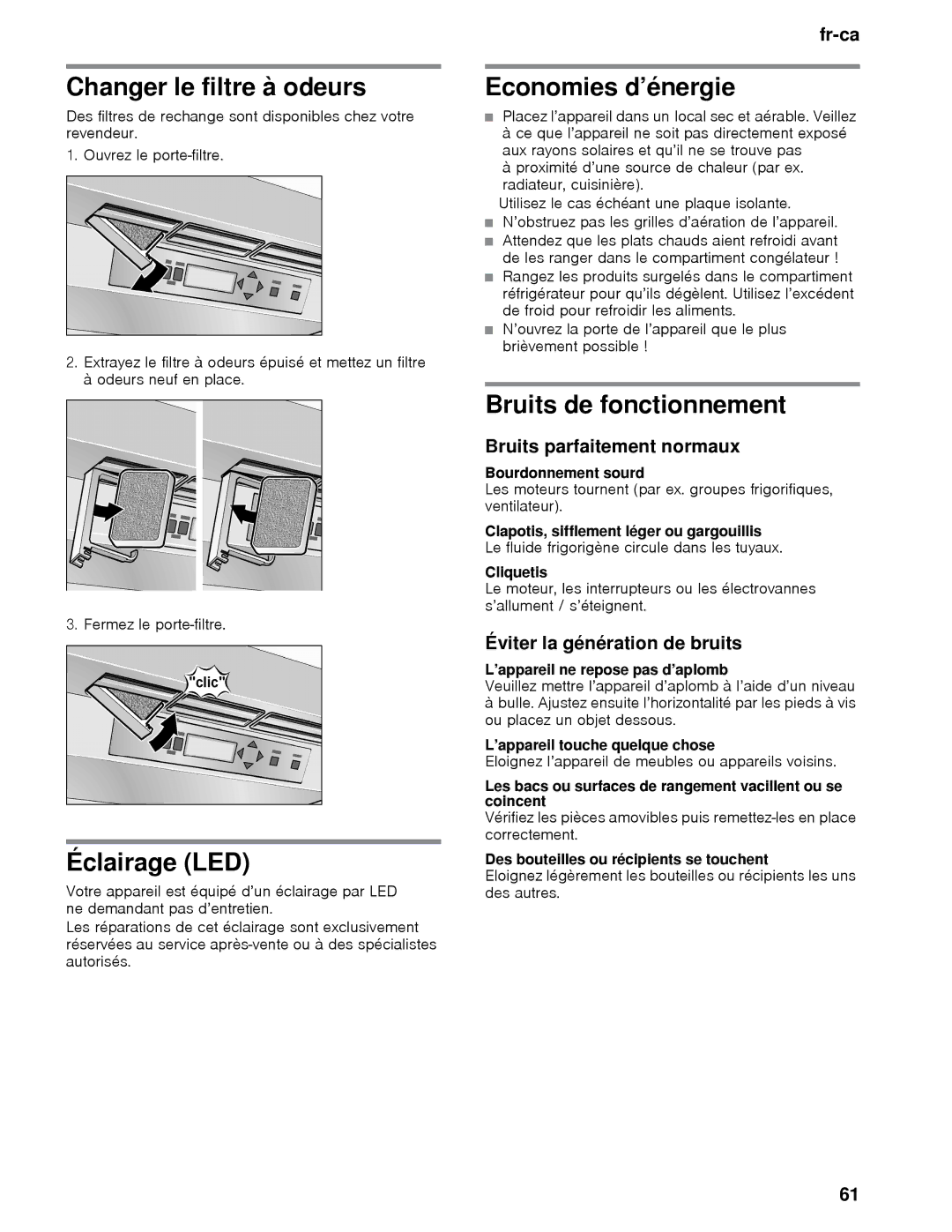 Thermador T36IB, T36BB, T30IB manual Changer le filtre à odeurs, Éclairage LED, Economies d’énergie, Bruits de fonctionnement 