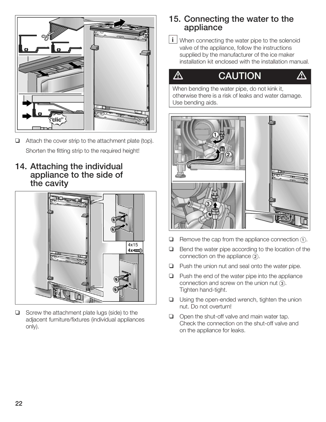 Thermador T36IB70NSP Attaching the individual appliance to the side of the cavity, Connecting the water to the appliance 