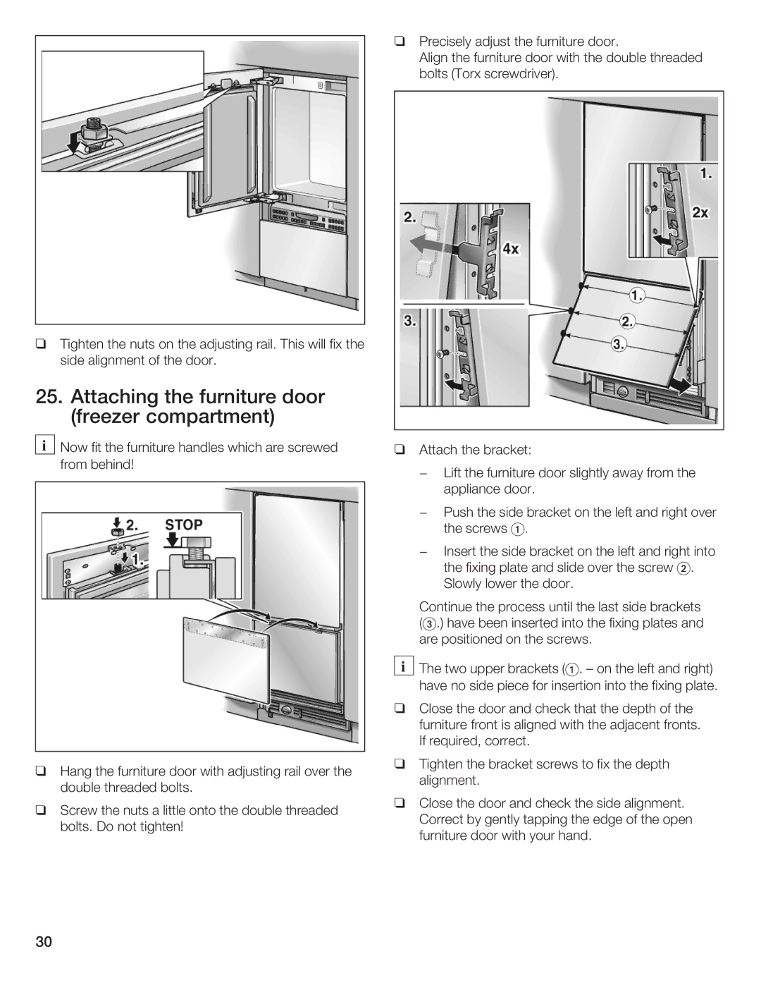 Thermador T36IB70NSP Attaching the furniture door freezer compartment, Hang the furniture door with adjusting rail over 