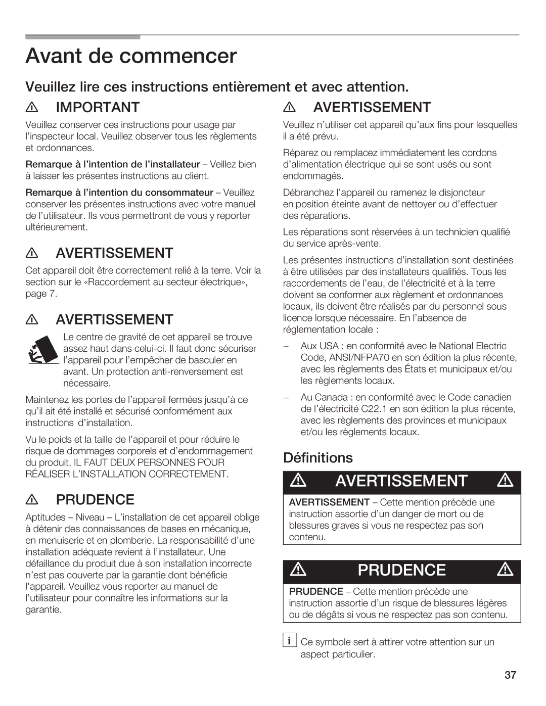 Thermador T36IB70NSP manual Avant de commencer, Veuillez Lire Ces Instructions Entièrement Avec, Définitions 