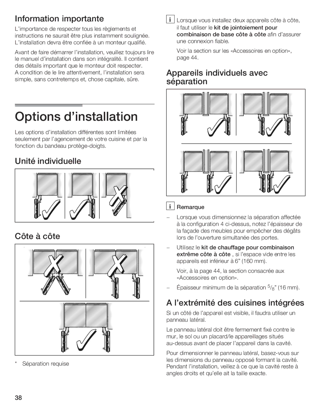 Thermador T36IB70NSP manual Options dinstallation, Unité individuelle, Côte à côte, Lextrémité des cuisines intégrées 