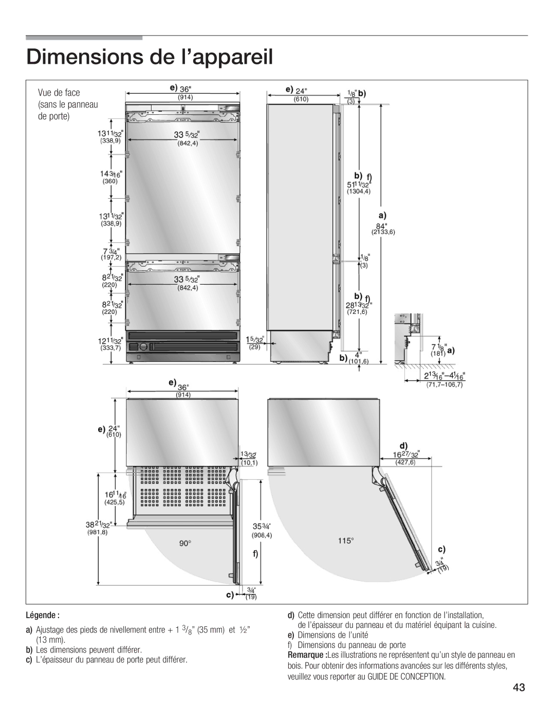 Thermador T36IB70NSP manual Dimensions de lappareil, Dimensions de lunité Dimensions du panneau de porte 