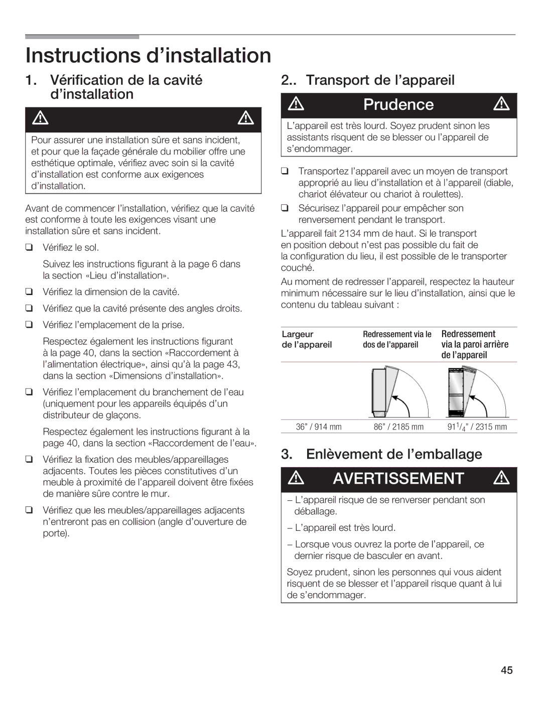 Thermador T36IB70NSP manual Instructions Dinstallation, Vérification de la cavité Transport Lappareil Dinstallation 