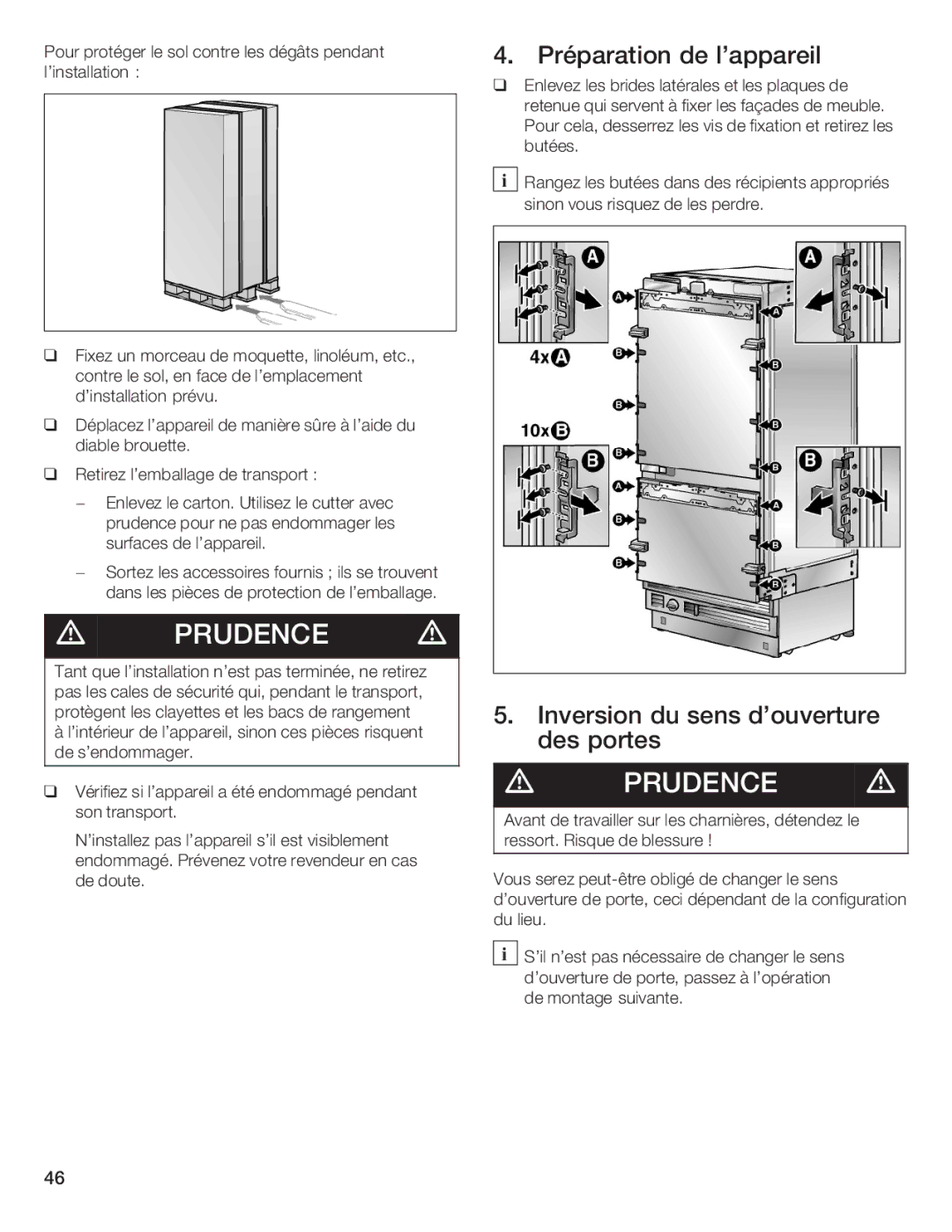 Thermador T36IB70NSP manual Préparation Lappareil, Inversion du sens douverture des portes 