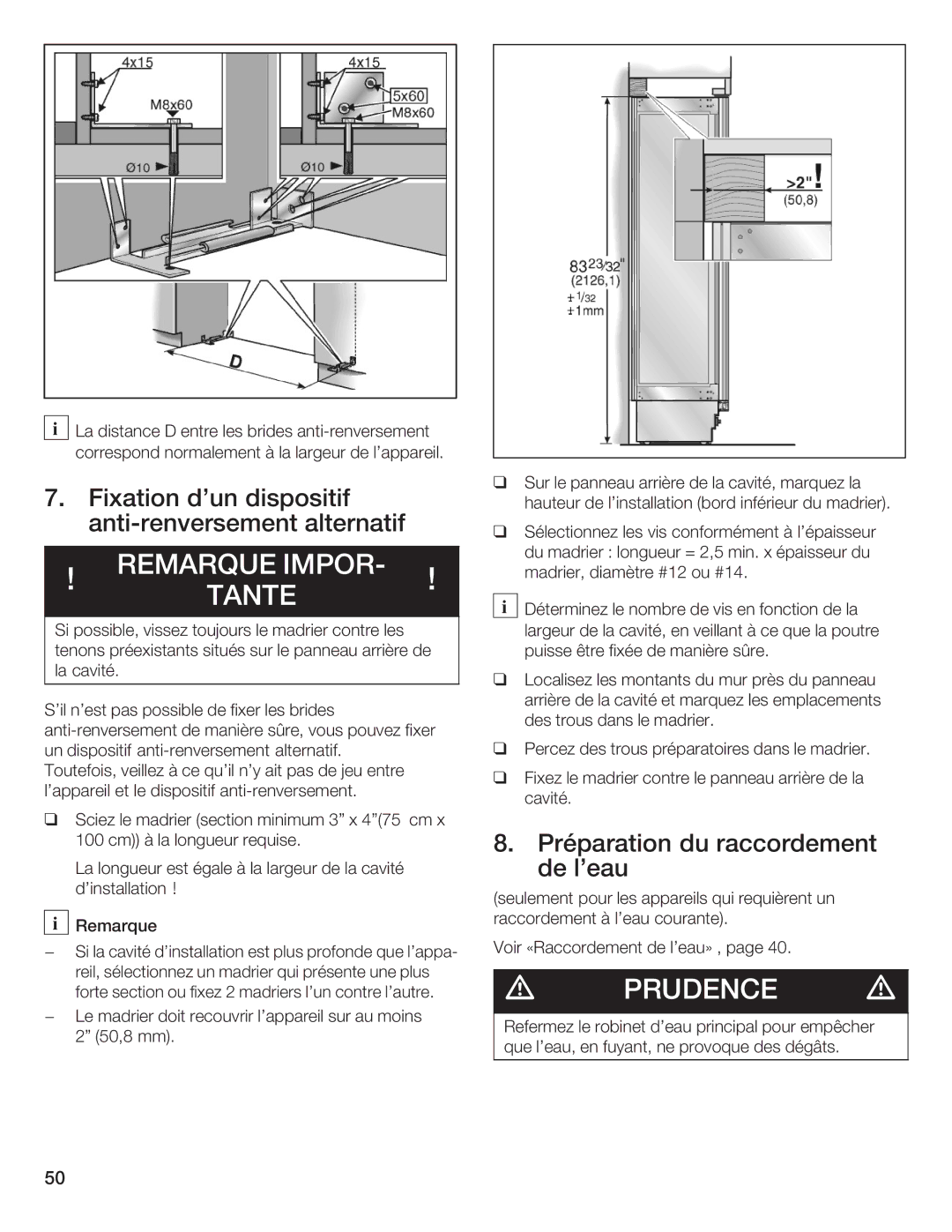 Thermador T36IB70NSP manual Fixation Dun Dispositif, Anti$renversement Alternatif, Préparation Raccordement, Leau 