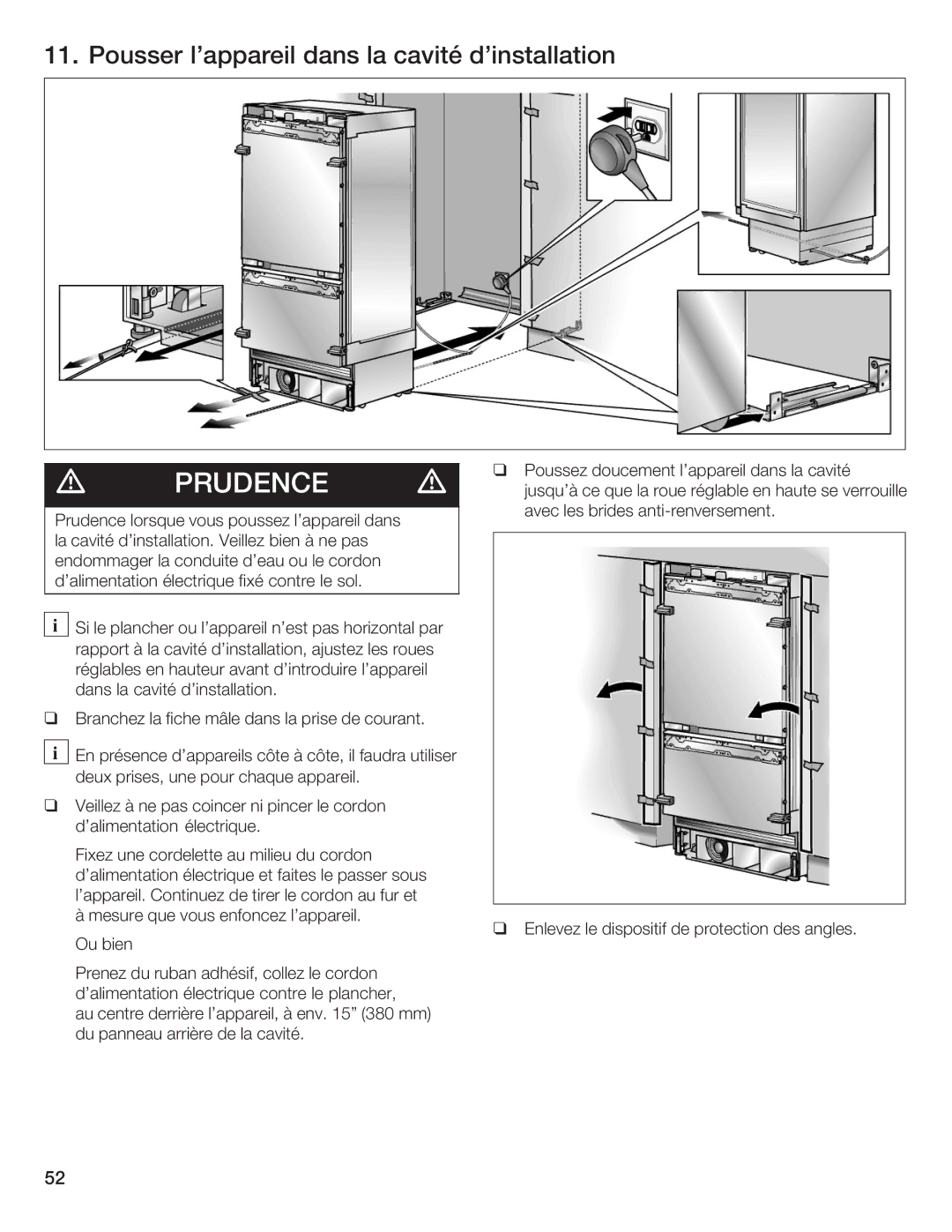 Thermador T36IB70NSP manual Pousser lappareil dans la cavité dinstallation 