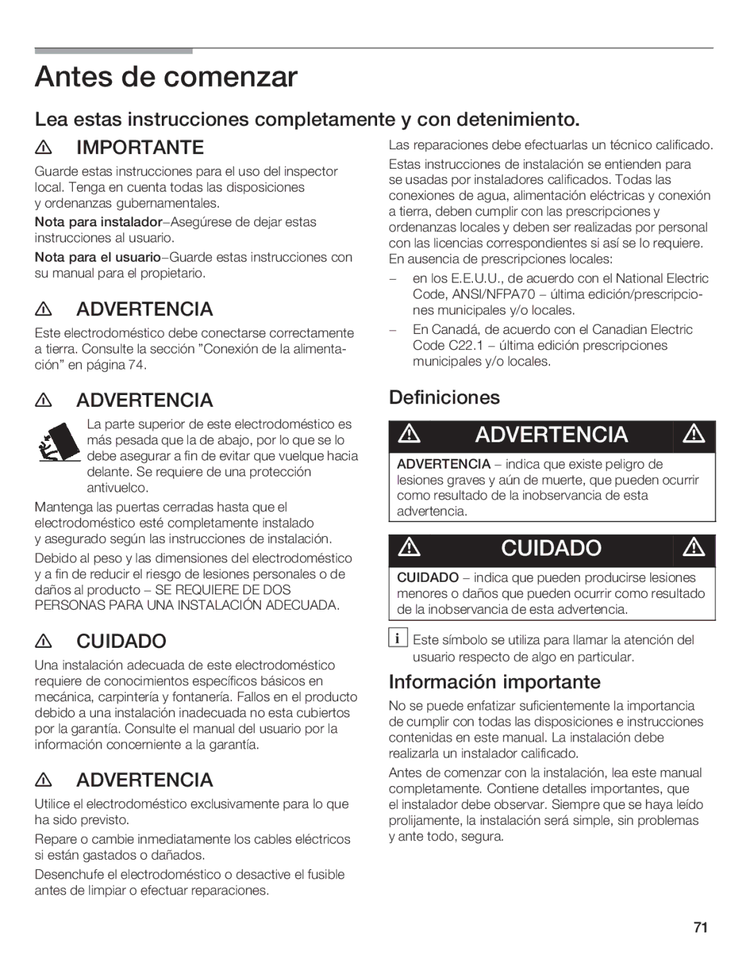 Thermador T36IB70NSP manual Antes de comenzar, Lea estas instrucciones completamente y con detenimiento, Definiciones 