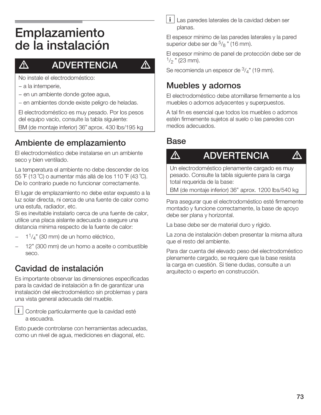 Thermador T36IB70NSP manual De la instalación5, Muebles Adornos, Ambiente Emplazamiento Base, Cavidad Instalación 