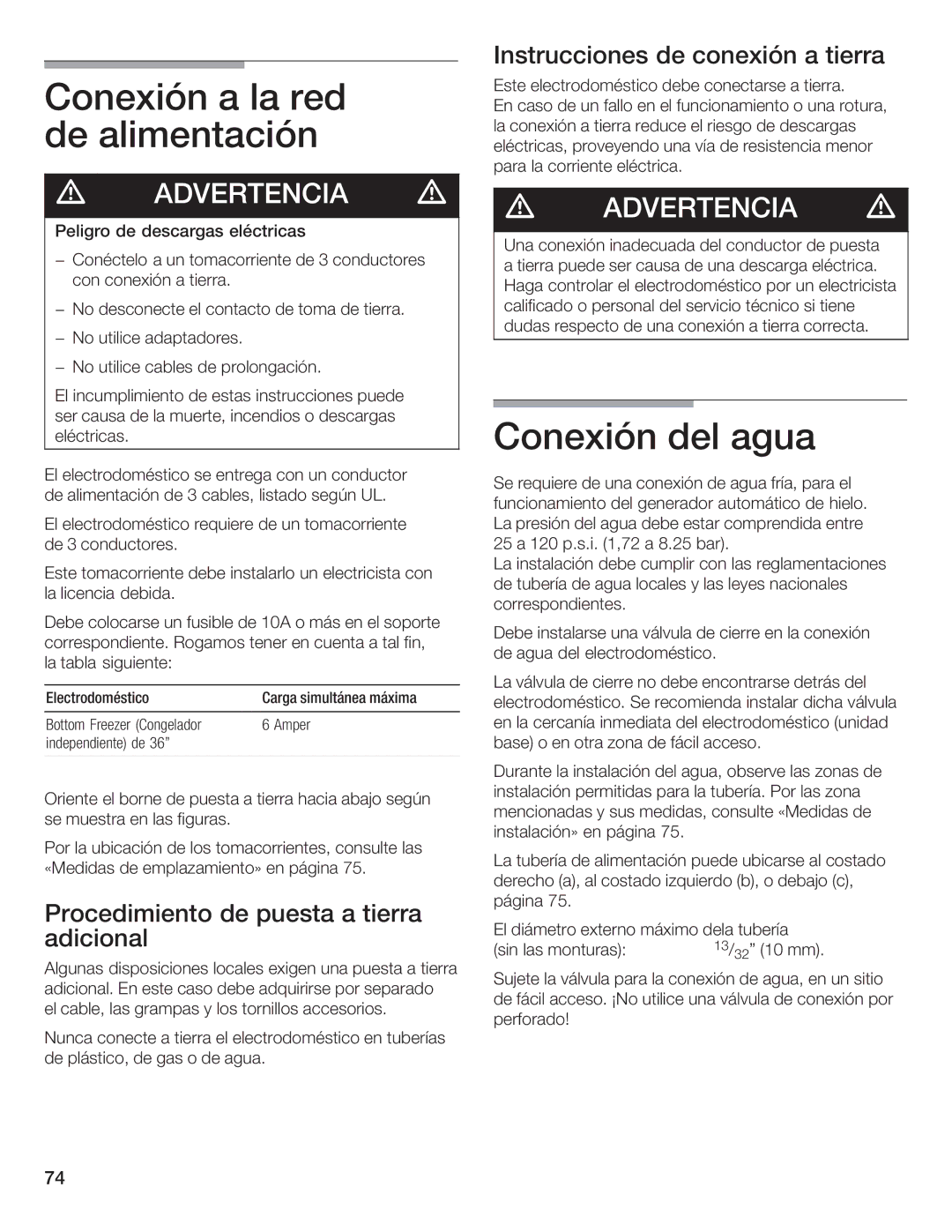 Thermador T36IB70NSP manual Conexión a la red de alimentación6, Conexión del agua8, Instrucciones de conexión a tierra 