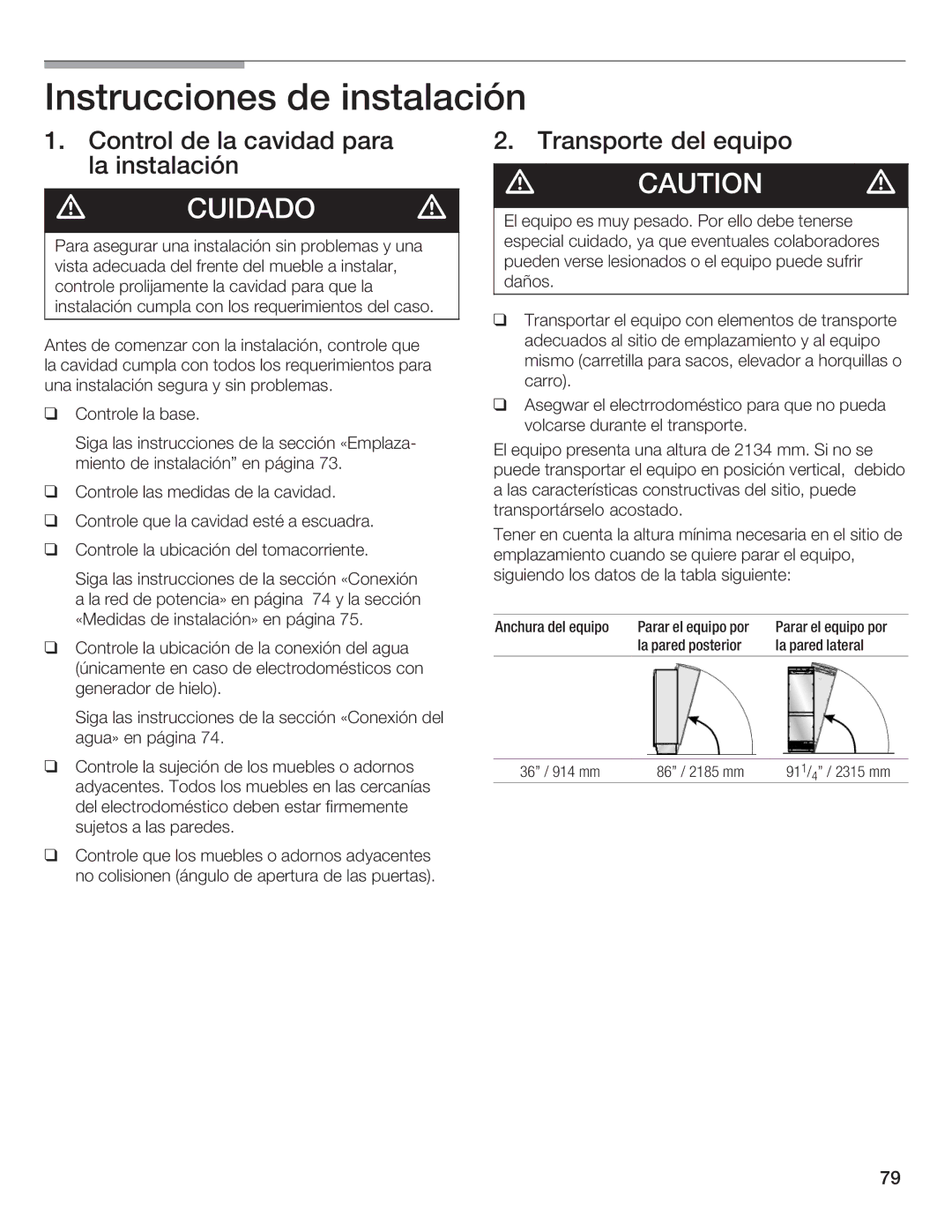 Thermador T36IB70NSP manual Instrucciones Instalación, Control Cavidad Para Transporte Del Equipo La instalación 