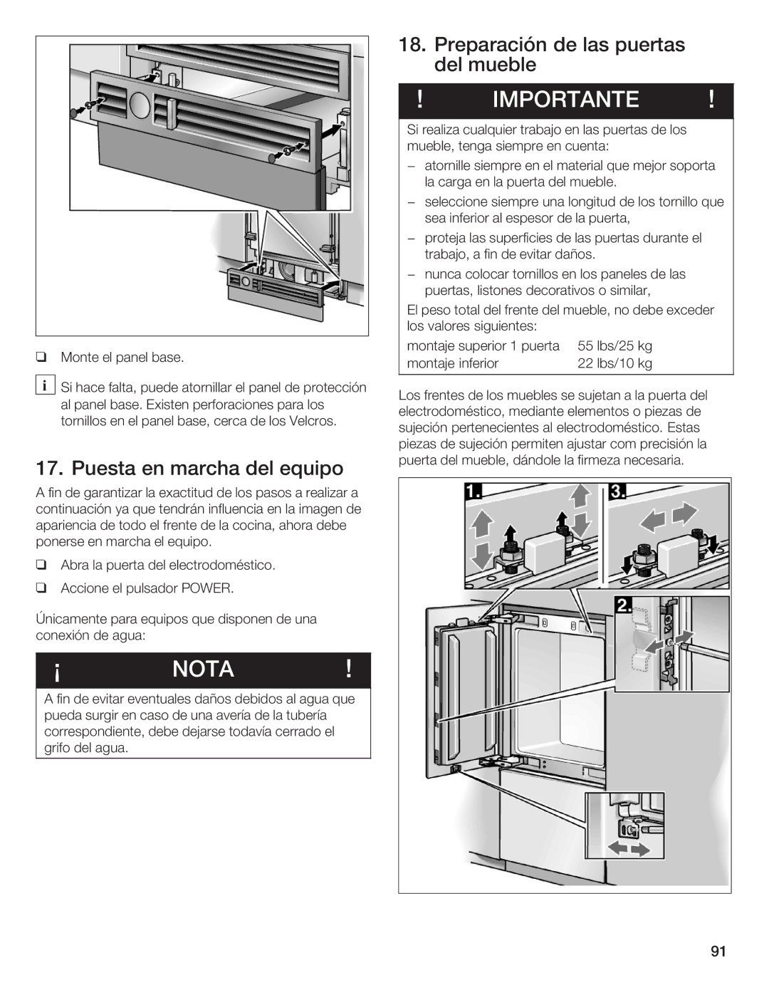 Thermador T36IB70NSP manual ¡ Nota, Preparación de las puertas del mueble 