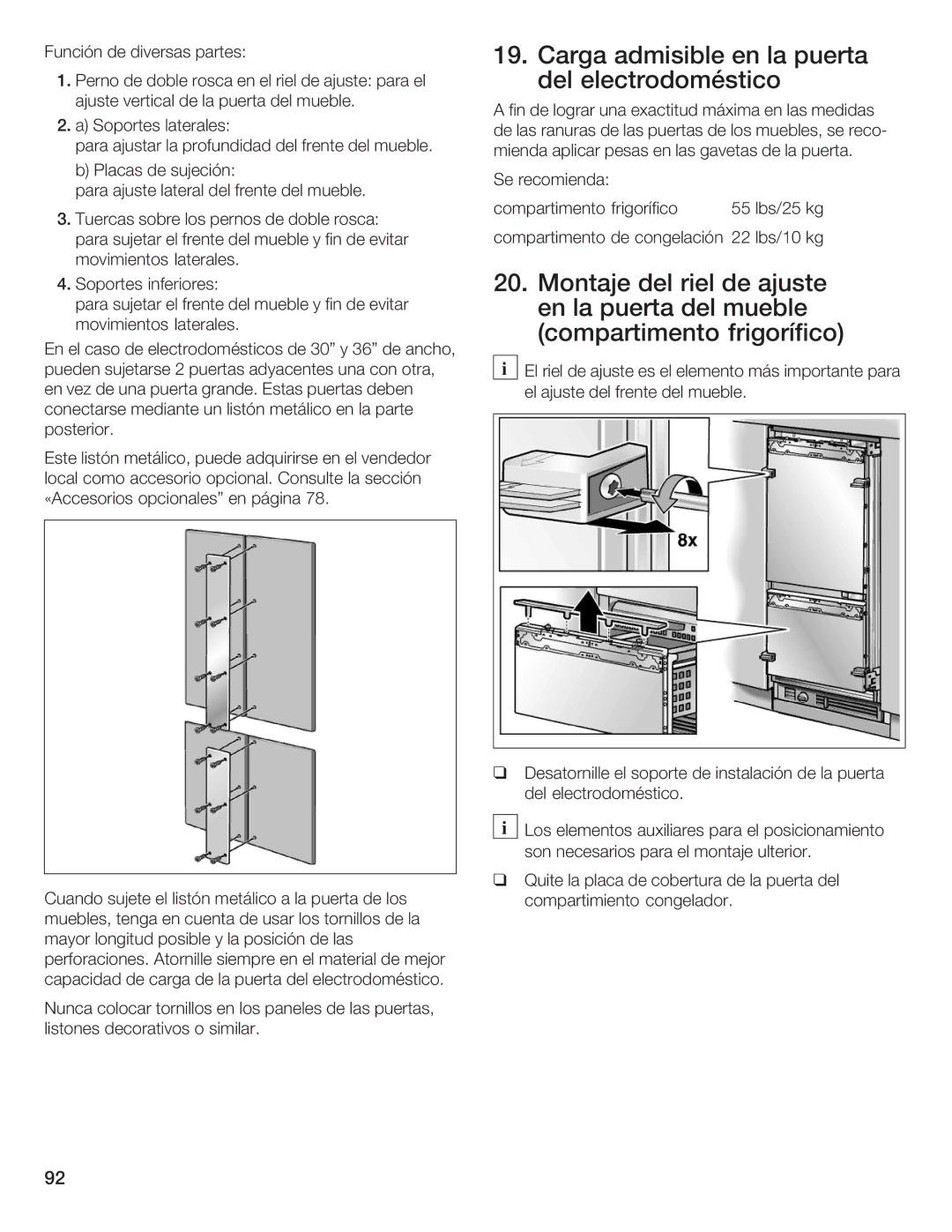 Thermador T36IB70NSP manual Carga admisible en la puerta, Montaje Del Riel Ajuste, En la puerta Del Mueble 