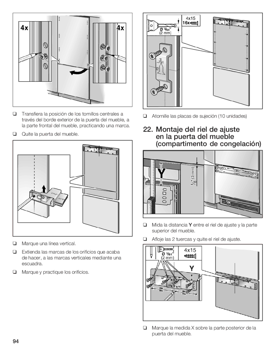 Thermador T36IB70NSP manual Riel Ajuste, Montaje del, En la puerta Del Mueble Compartimento de congelación 