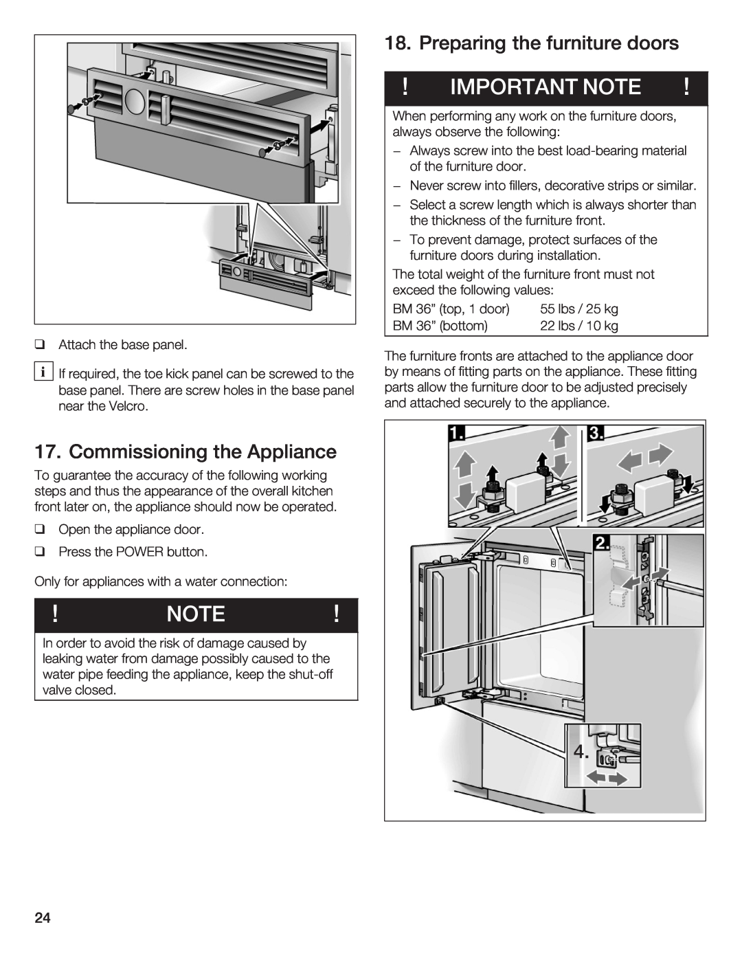 Thermador T36IB70NSP manual Important Note, Preparing the furniture doors, Commissioning the Appliance 