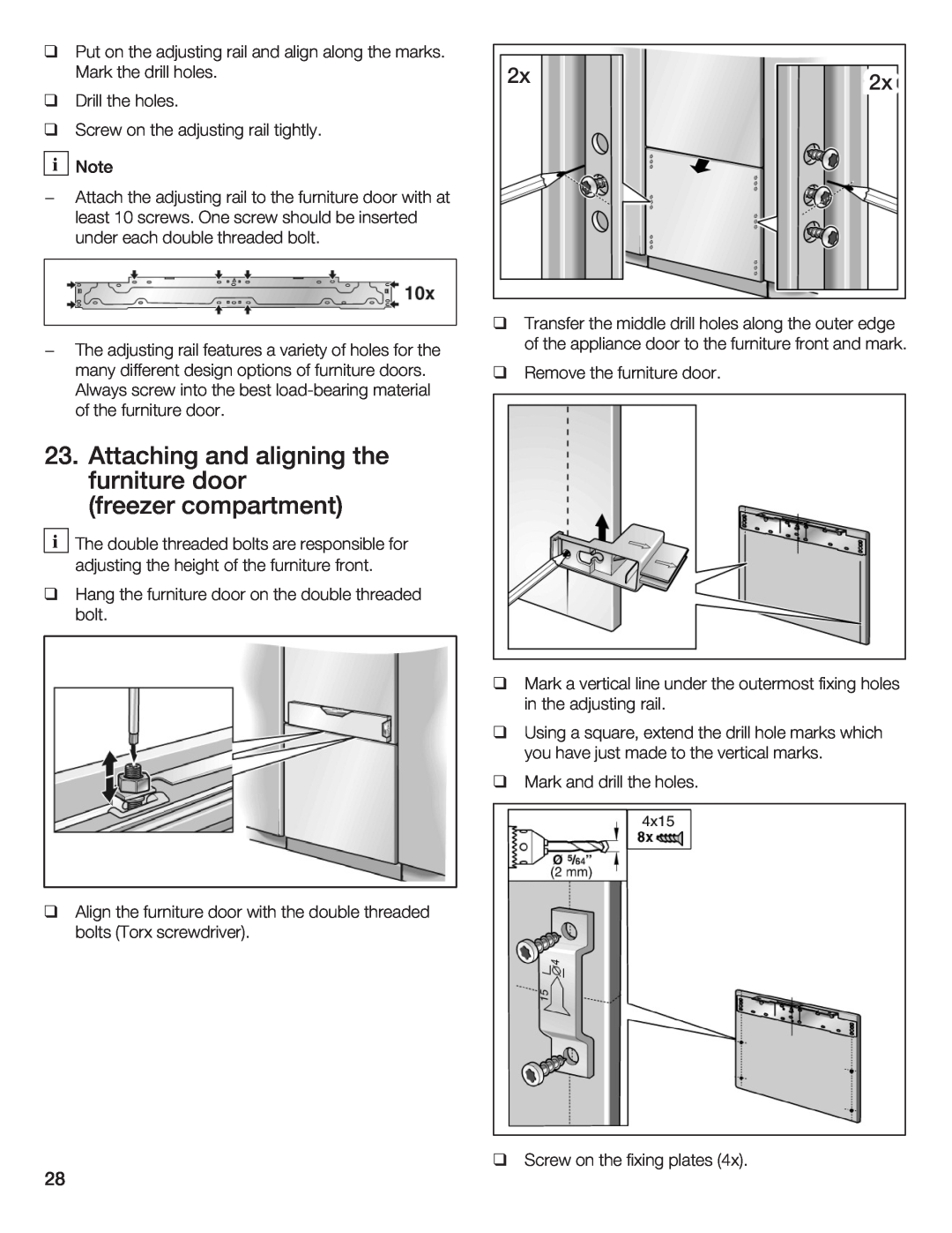 Thermador T36IB70NSP manual Attaching and aligning the furniture door, freezer compartment 