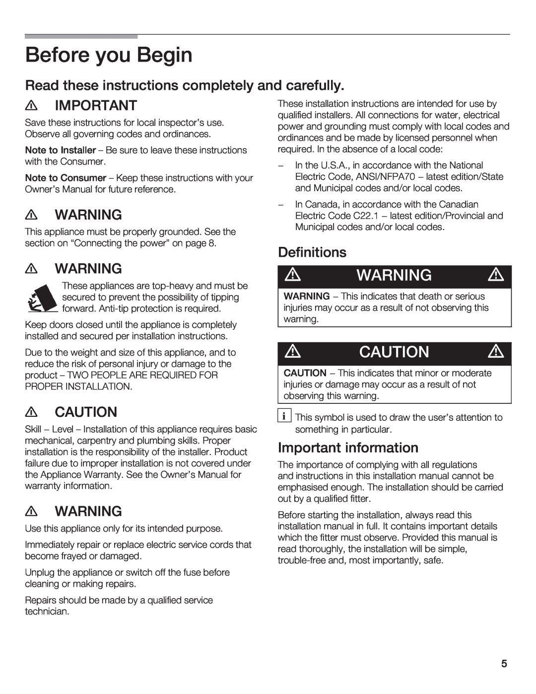 Thermador T36IB70NSP manual Before you Begin, WARNING d, CAUTION d 