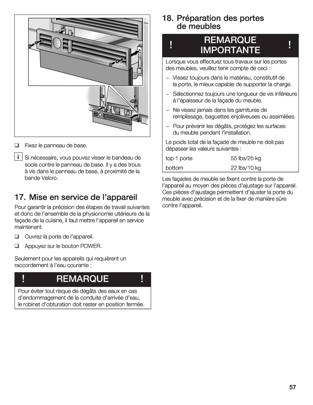 Thermador T36IB70NSP manual Importante, Remarque, 18. Préparation des portes de meubles, Mise, service, lappareil 