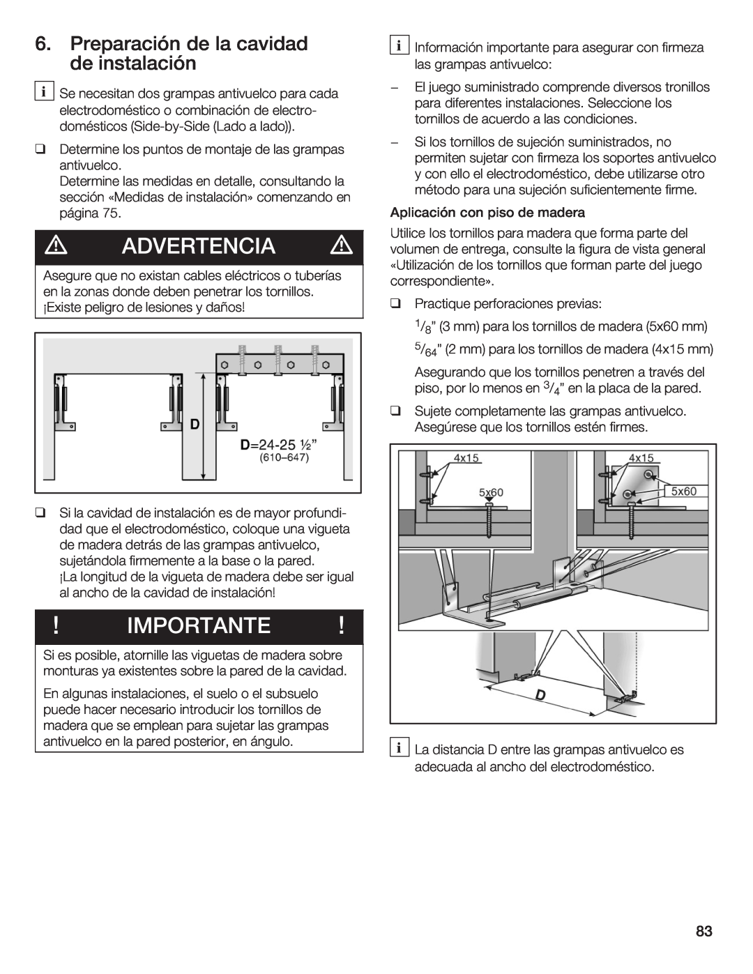 Thermador T36IB70NSP manual Advertencia, Importante, de instalaciónlas grampas antivuelco 