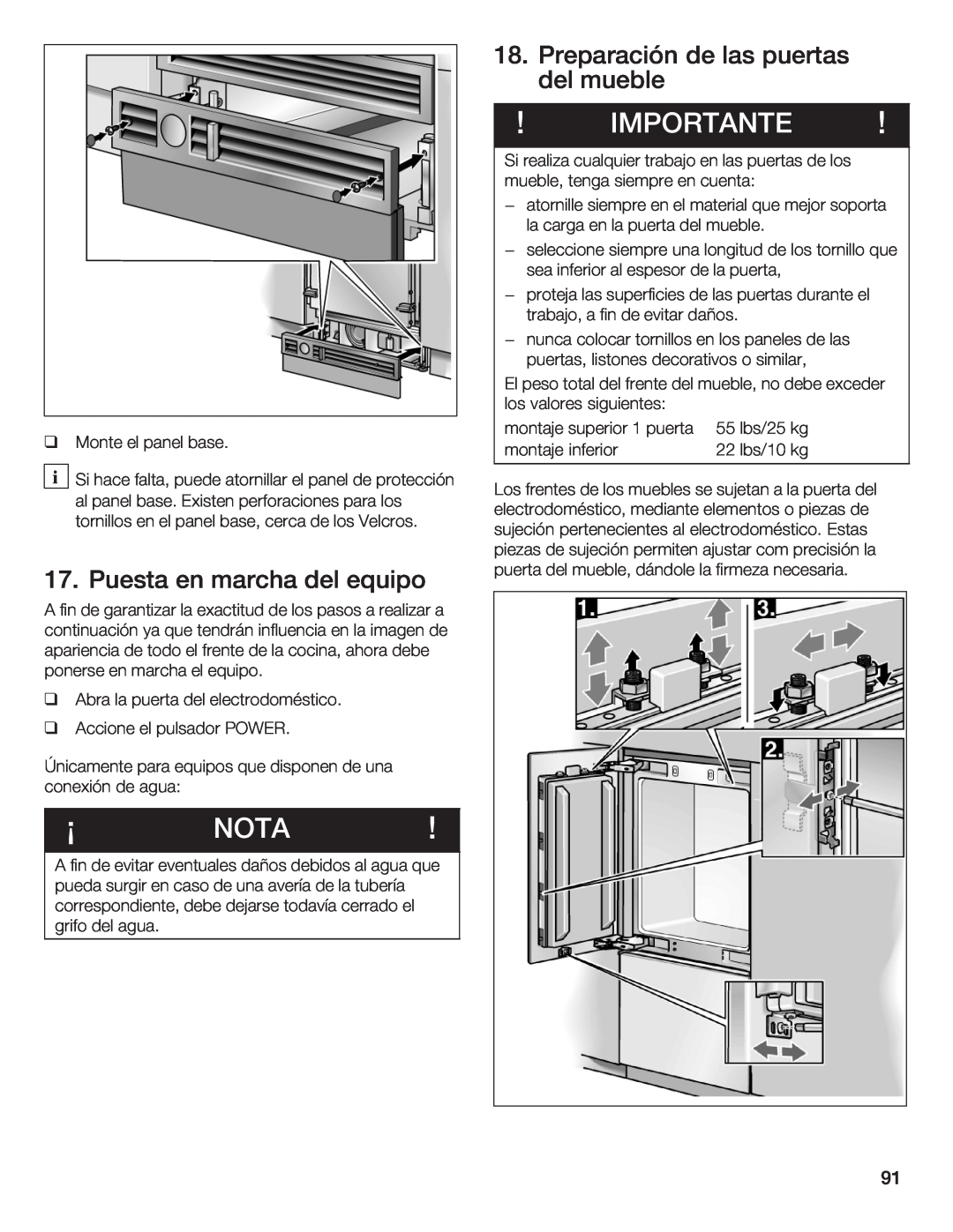 Thermador T36IB70NSP manual ¡ Nota, Importante, Preparación de las puertas del mueble 