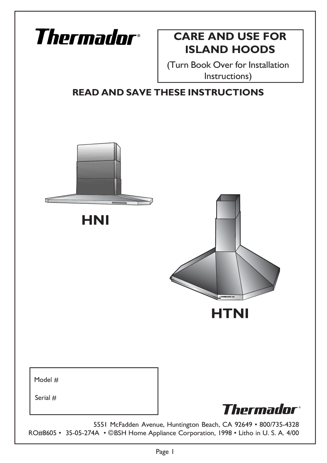 Thermador Thermador installation instructions HNI Htni, Read and Save These Instructions 