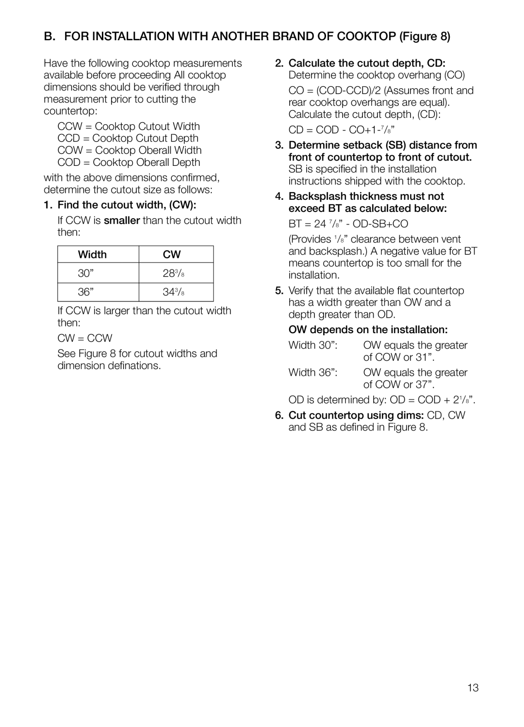 Thermador UCVM30FS, UCVM36FS manual For Installation with Another Brand of Cooktop Figure, Cw = Ccw 