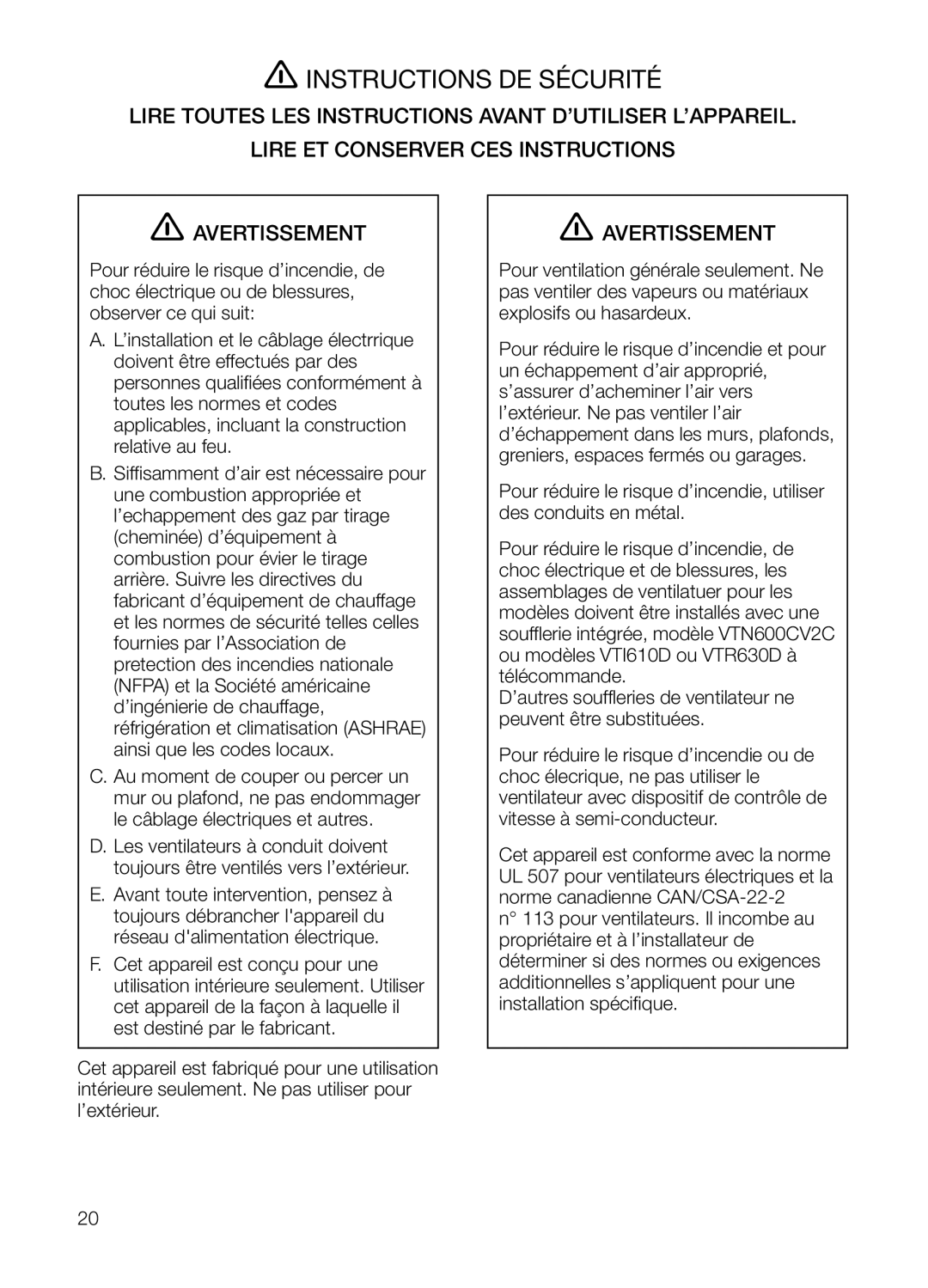 Thermador UCVM36FS, UCVM30FS manual Instructions DE Sécurité 