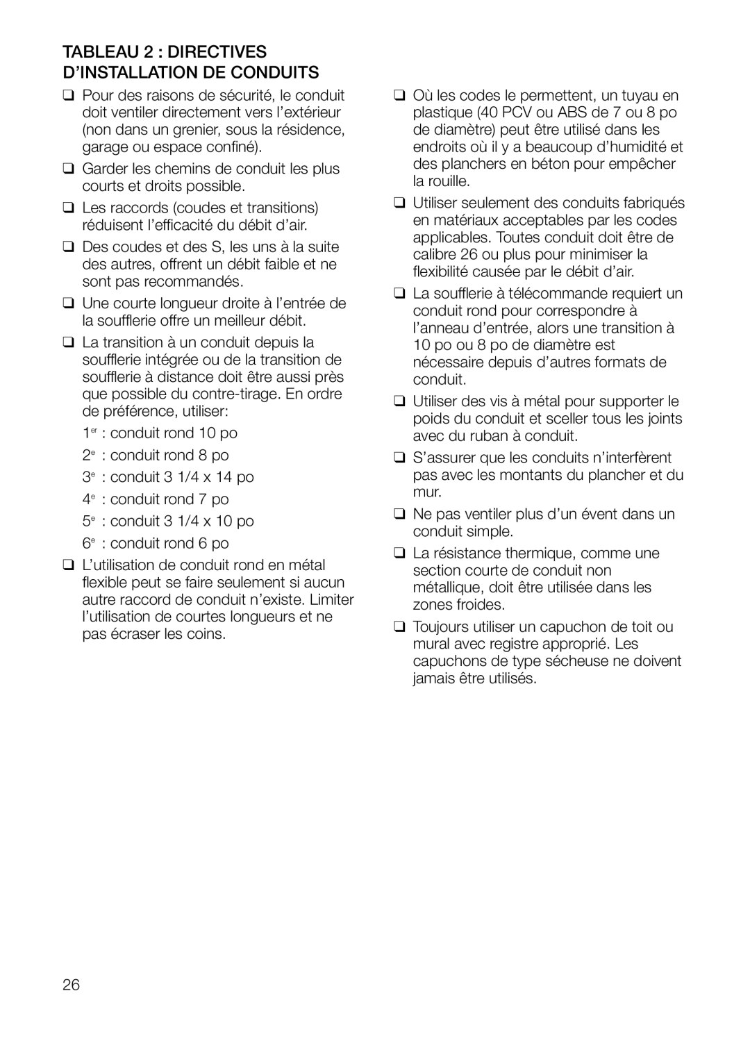 Thermador UCVM36FS, UCVM30FS manual Tableau 2 Directives D’INSTALLATION DE Conduits 