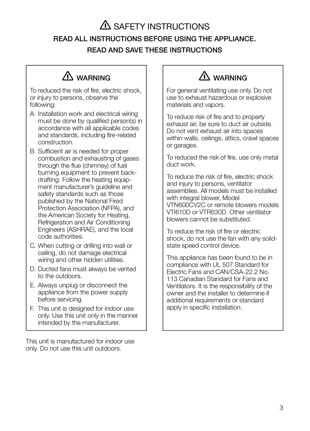 Thermador UCVM30FS, UCVM36FS manual Safety Instructions 