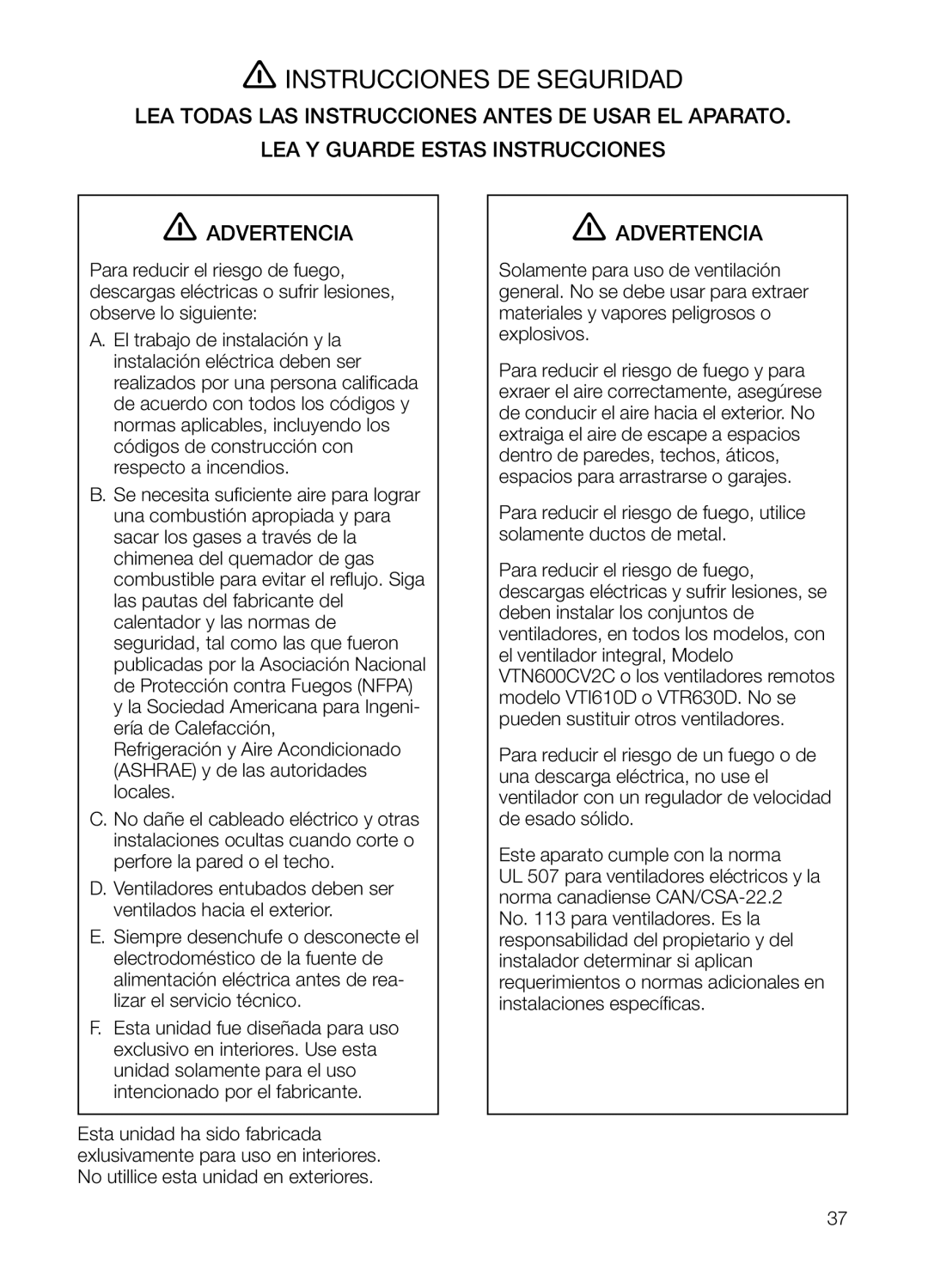 Thermador UCVM30FS, UCVM36FS manual Instrucciones DE Seguridad 