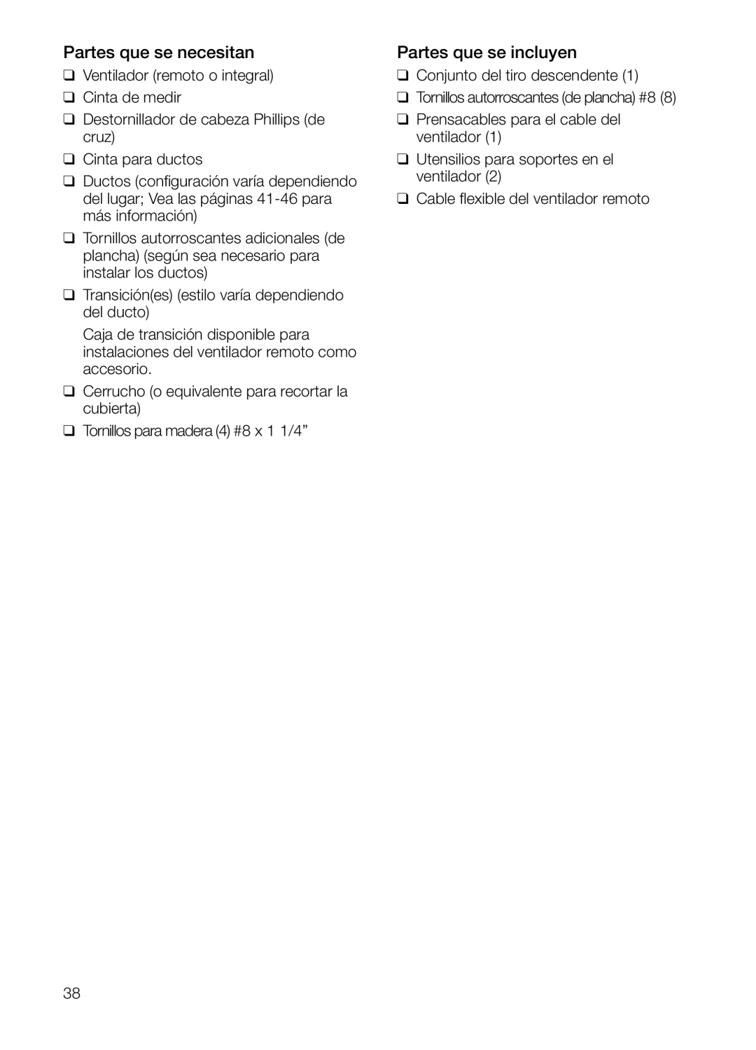 Thermador UCVM36FS, UCVM30FS manual Partes que se necesitan, Partes que se incluyen 