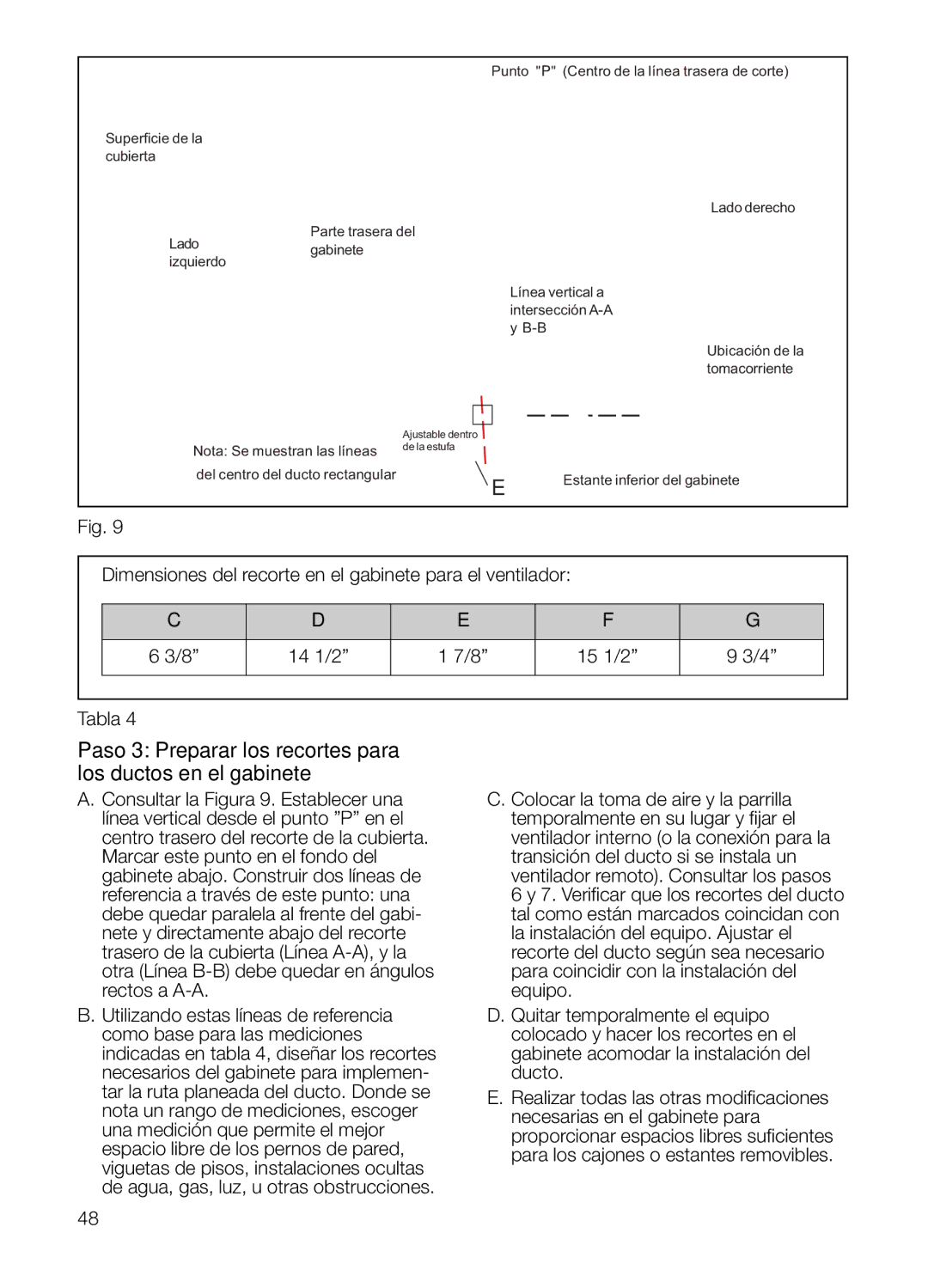 Thermador UCVM36FS, UCVM30FS manual Paso 3 Preparar los recortes para los ductos en el gabinete 