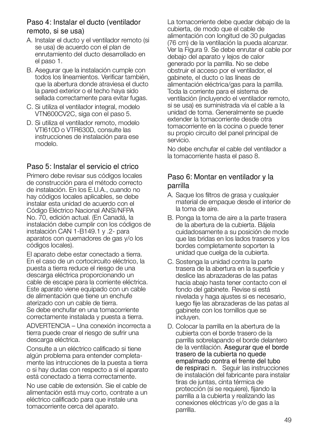 Thermador UCVM30FS, UCVM36FS Paso 4 Instalar el ducto ventilador remoto, si se usa, Paso 5 Instalar el servicio eléctrico 