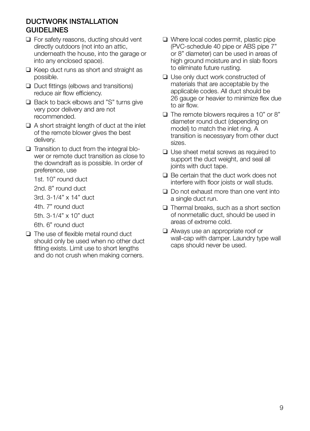 Thermador UCVM30FS, UCVM36FS manual Ductwork Installation Guidelines 