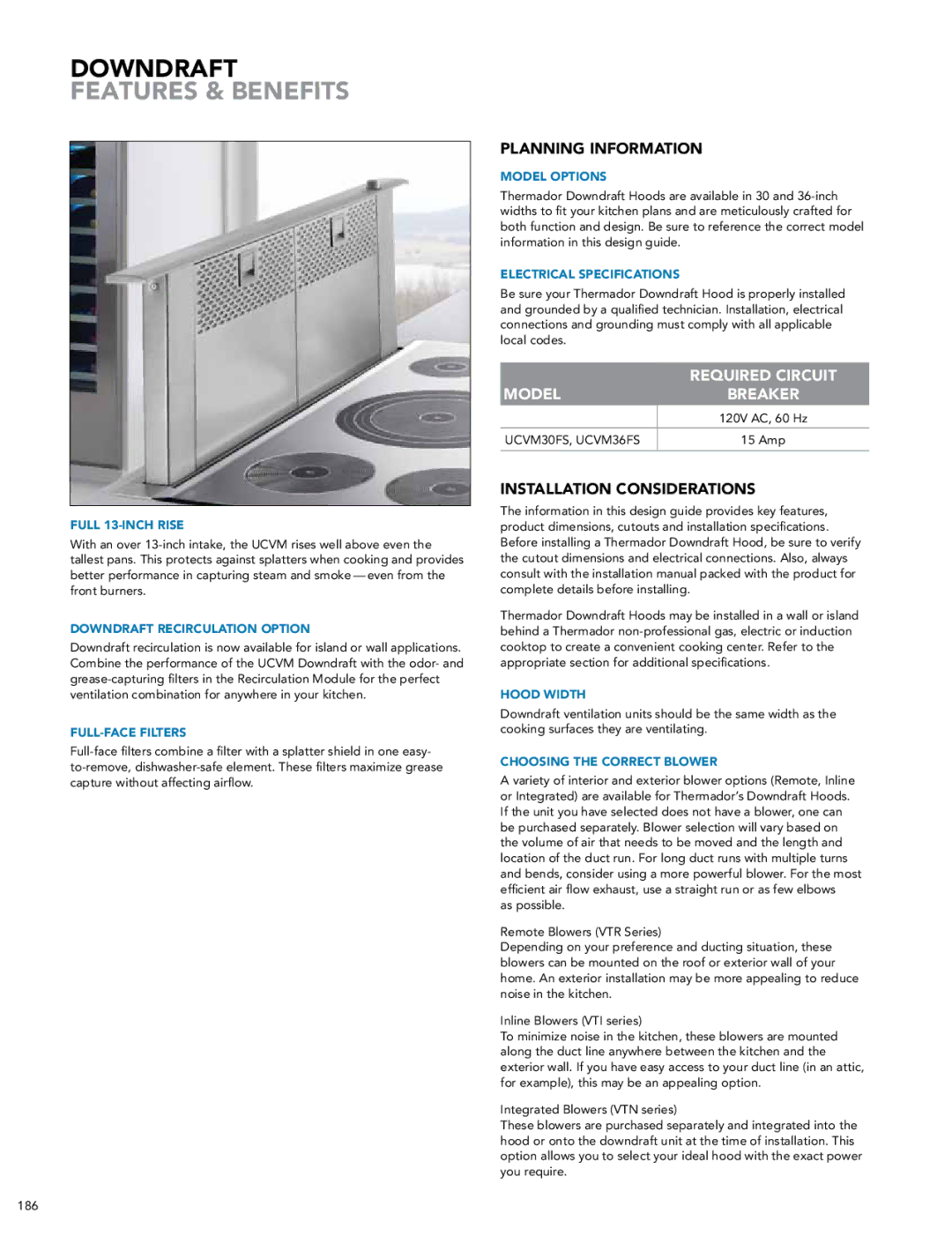 Thermador UCVM36FS Downdraft, Planning Information, Installation Considerations, Model Options, Electrical Specifications 