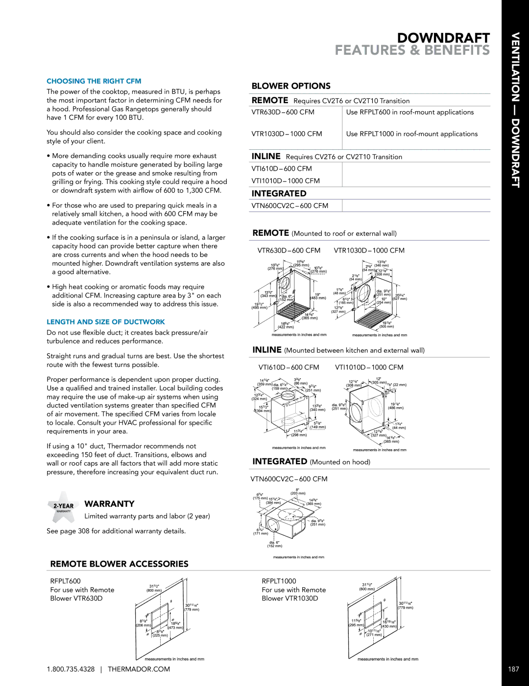 Thermador UCVM36FS manual Downdraft Features & Benefits, Warranty, REMOTE­ Blower Accessories Blower Options, Integrated 