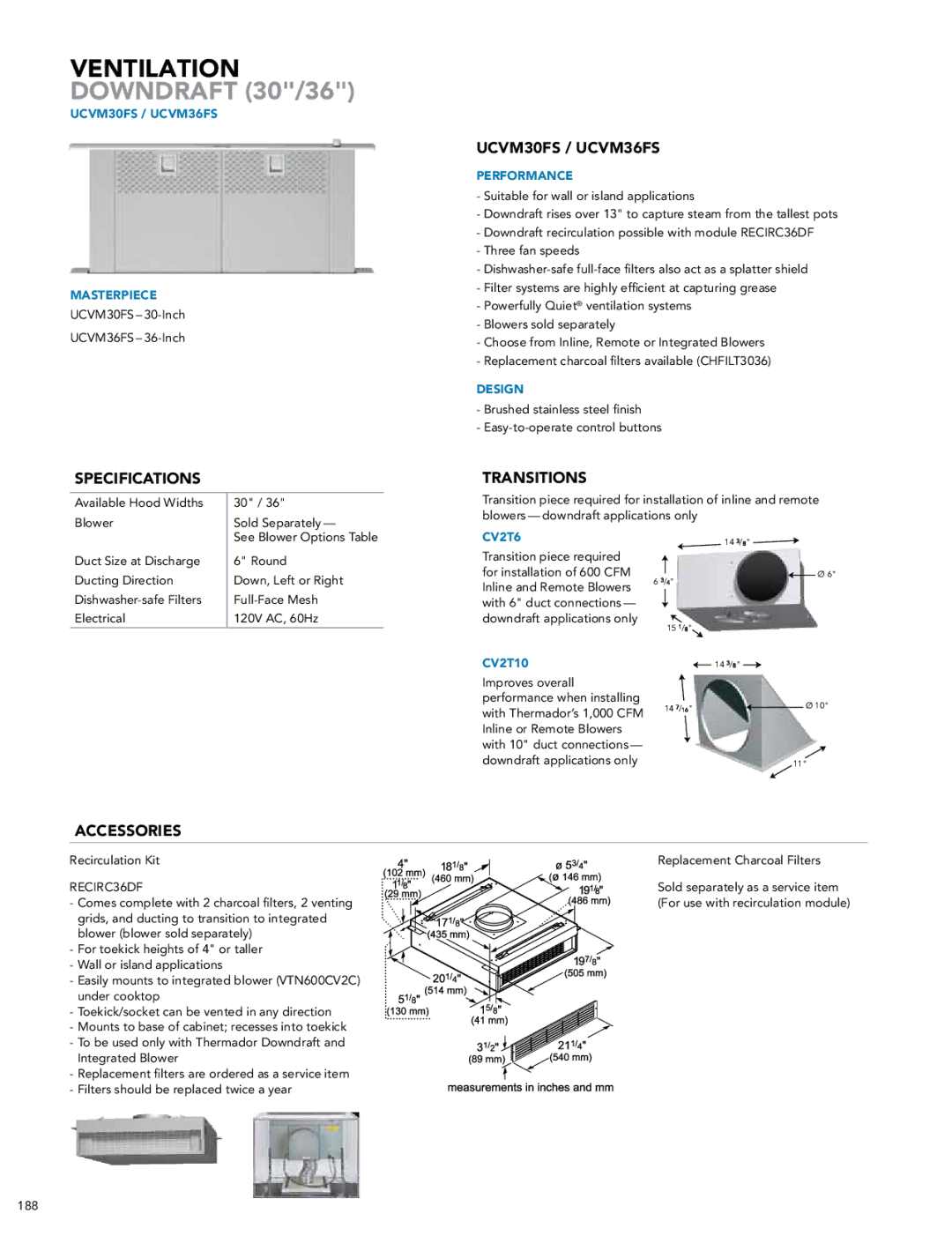 Thermador manual Ventilation Downdraft 30/36, Specifications UCVM30FS / UCVM36FS, Transitions, Accessories 