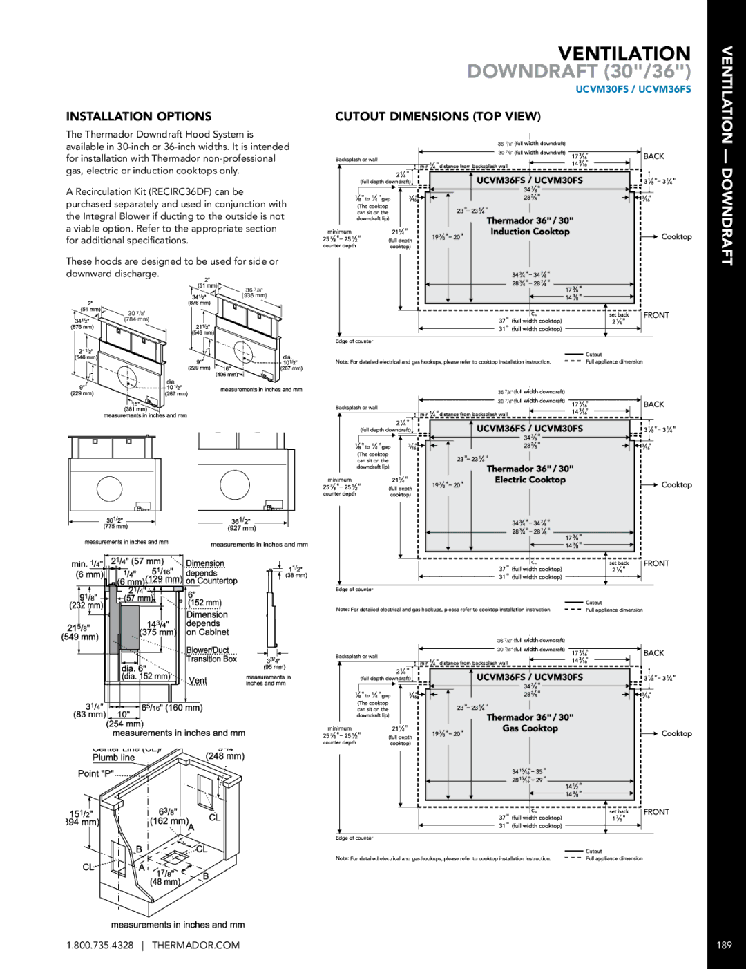 Thermador manual Ventilation, Installation Options, Cutout Dimensions TOP View, UCVM30FS / UCVM36FS 