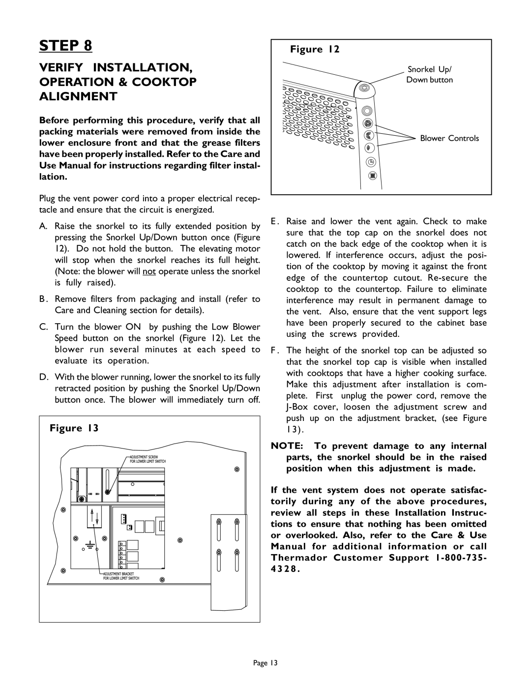 Thermador UCV30, UNIVERSAL COOK'N'VENT, UCV45, UCV36, 98 Verify Installation Operation & Cooktop Alignment 