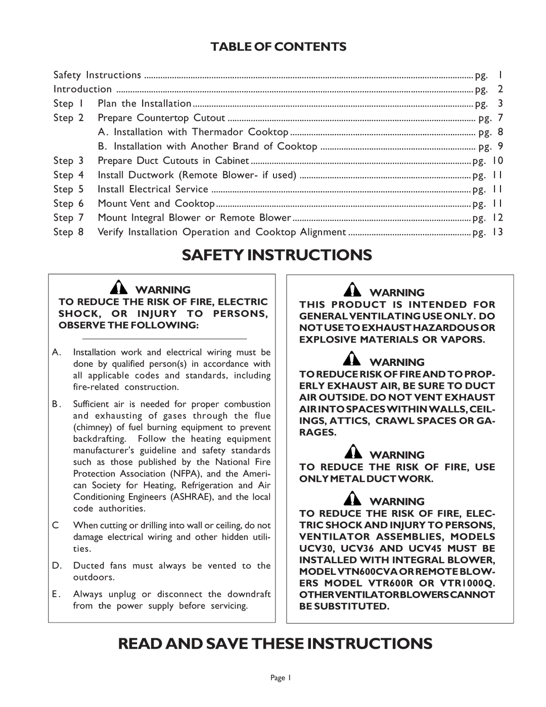 Thermador UCV30, UNIVERSAL COOK'N'VENT, UCV45, UCV36, Cooktop, 98 Safety Instructions, Table of Contents 