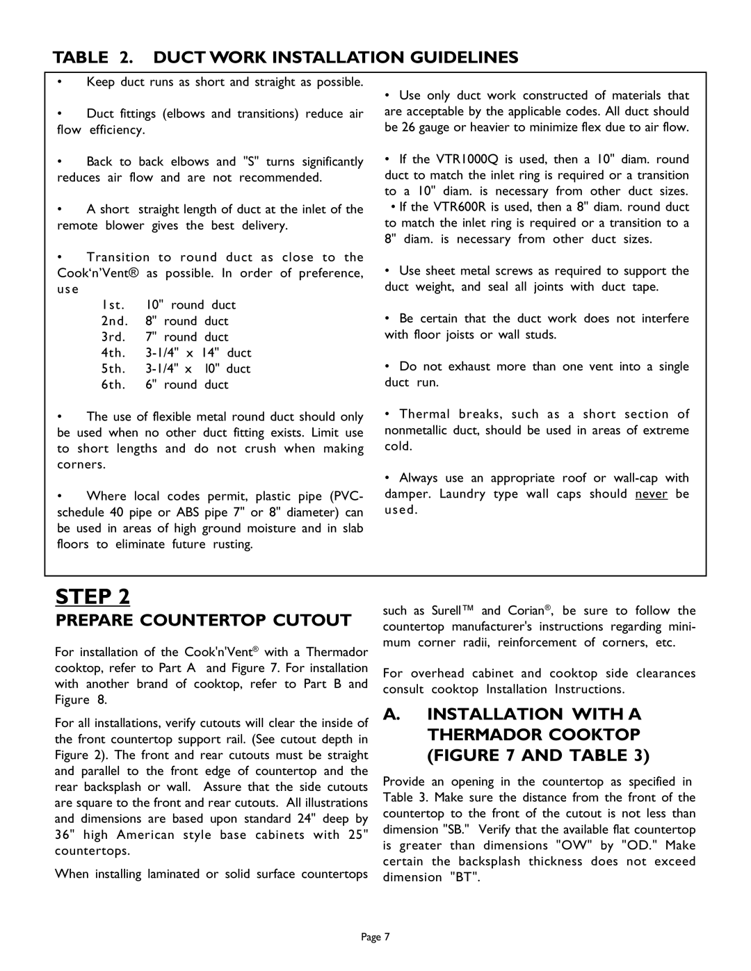 Thermador UCV30, UNIVERSAL COOK'N'VENT, UCV45, UCV36, Cooktop, 98 Duct Work Installation Guidelines, Prepare Countertop Cutout 