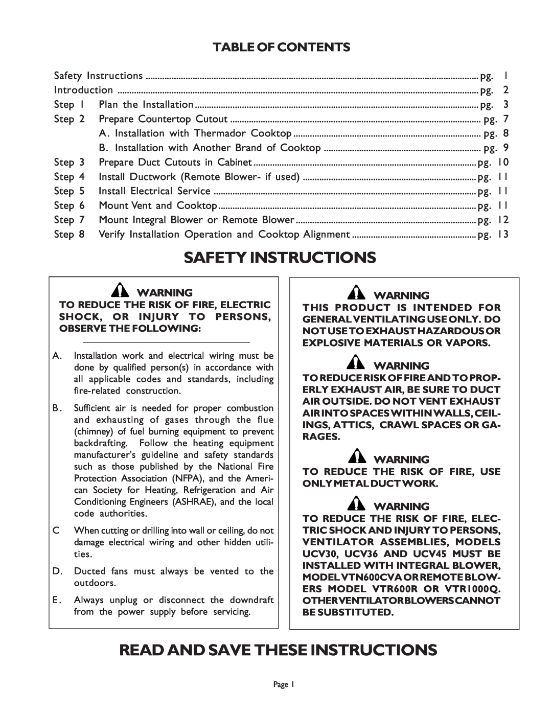 Thermador UCV30, UNIVERSAL COOK'N'VENT, UCV45, 98 Safety Instructions, Read And Save These Instructions, Table Of Contents 