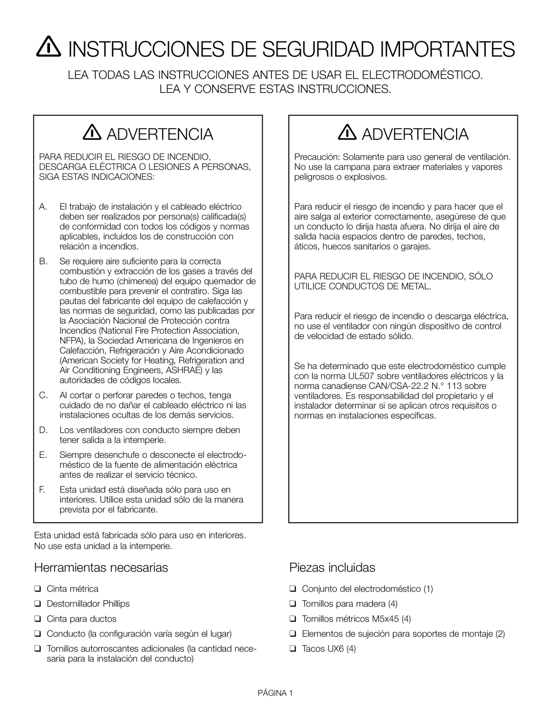 Thermador VCI 230/236/248 DS installation manual Advertencia, Herramientas necesarias Piezas incluidas 