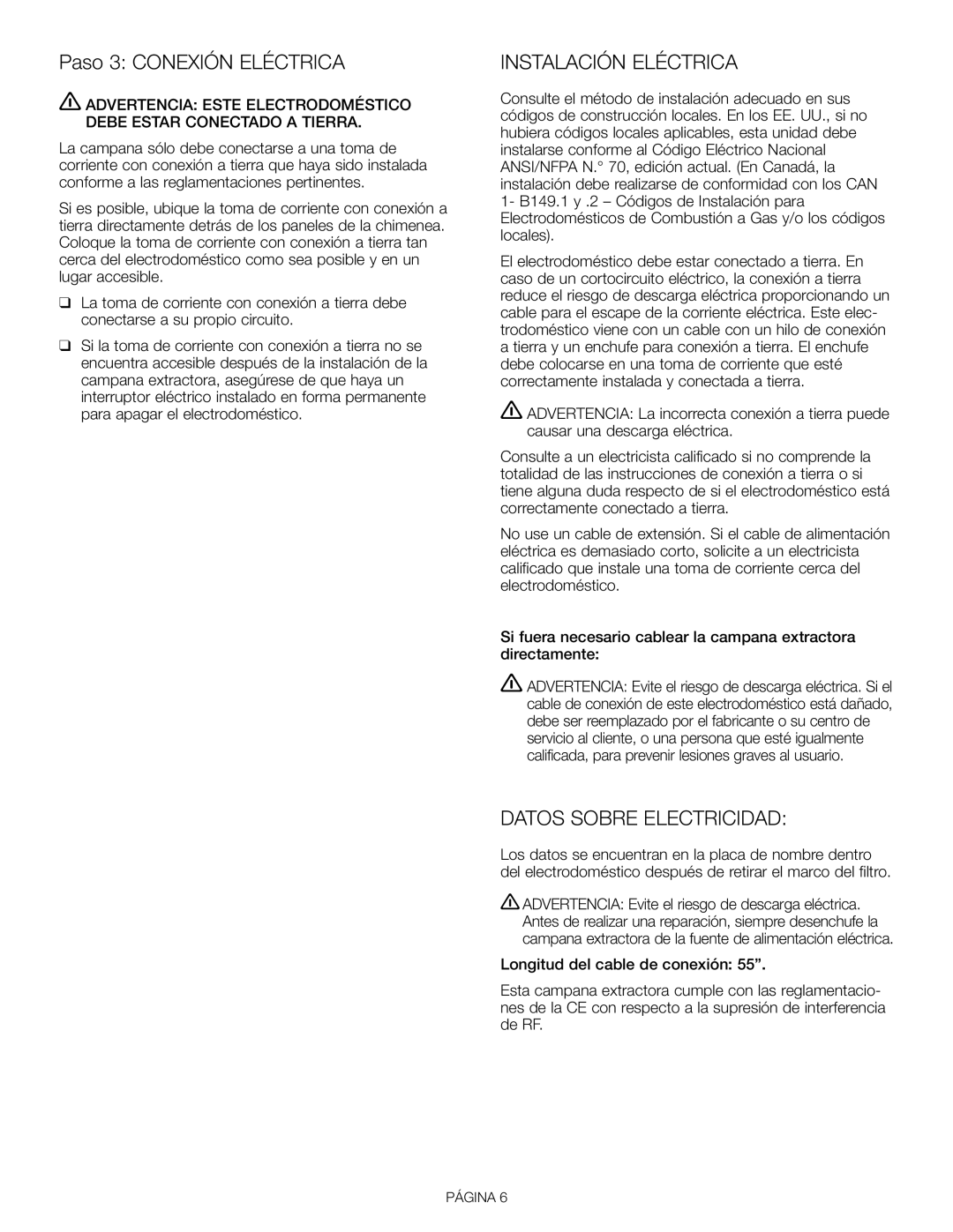 Thermador VCI 230/236/248 DS installation manual Paso 3 Conexión Eléctrica, Instalación Eléctrica, Datos Sobre Electricidad 