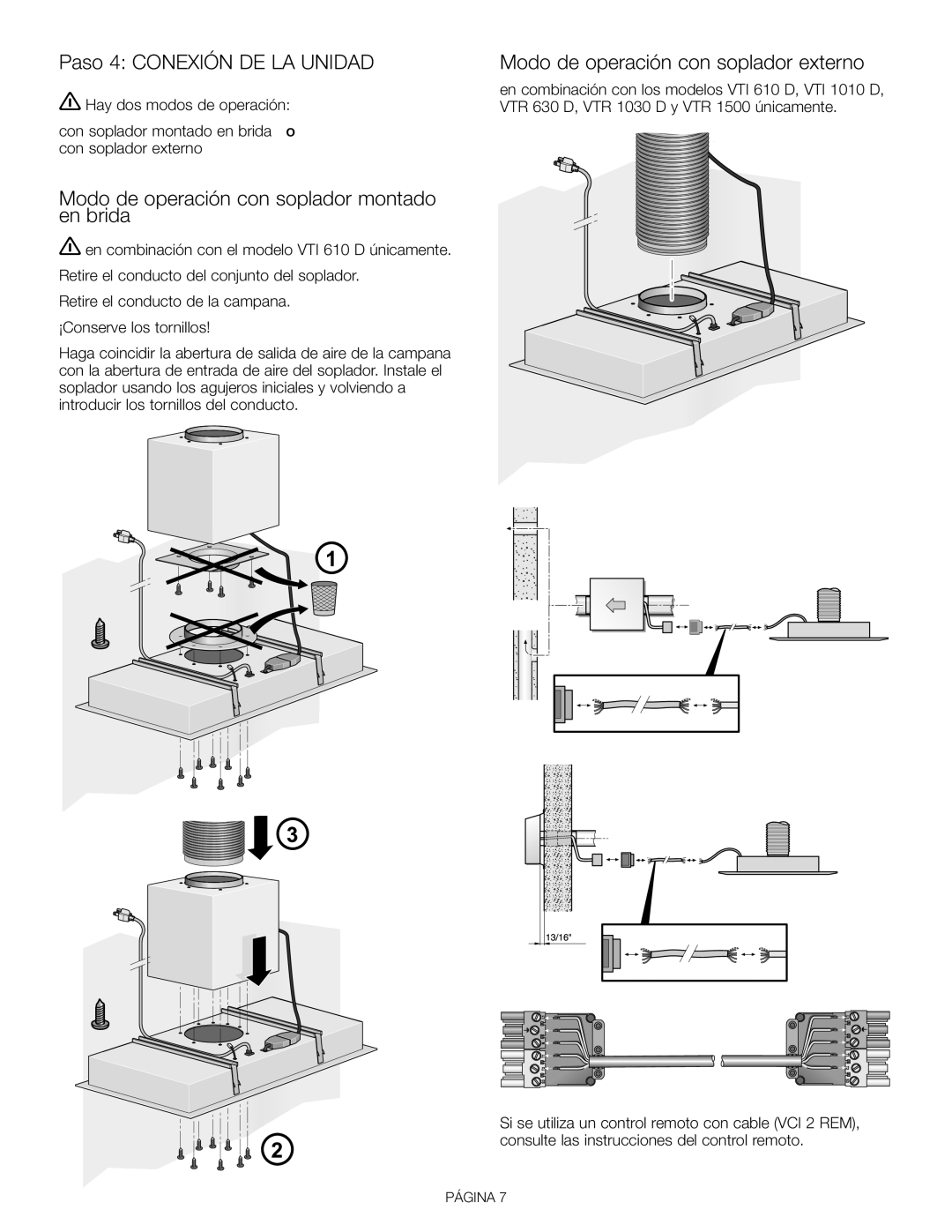 Thermador VCI 230/236/248 DS Paso 4 Conexión DE LA Unidad, Modo de operación con soplador montado en brida 