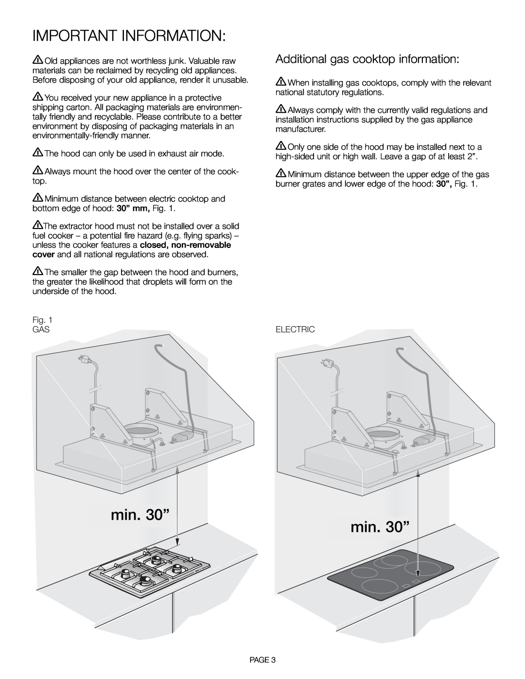 Thermador VCI 230/236/248 DS installation manual Important Information, min. 30”, Additional gas cooktop information 