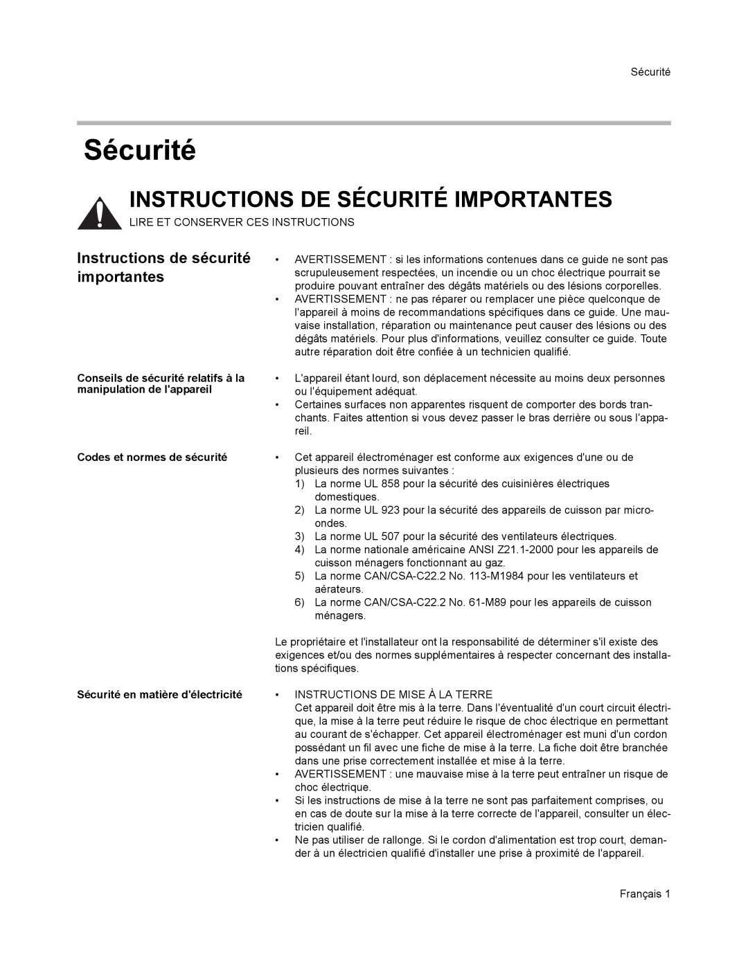 Thermador VCI2 installation manual Instructions de sécurité importantes, Instructions DE Mise À LA Terre 