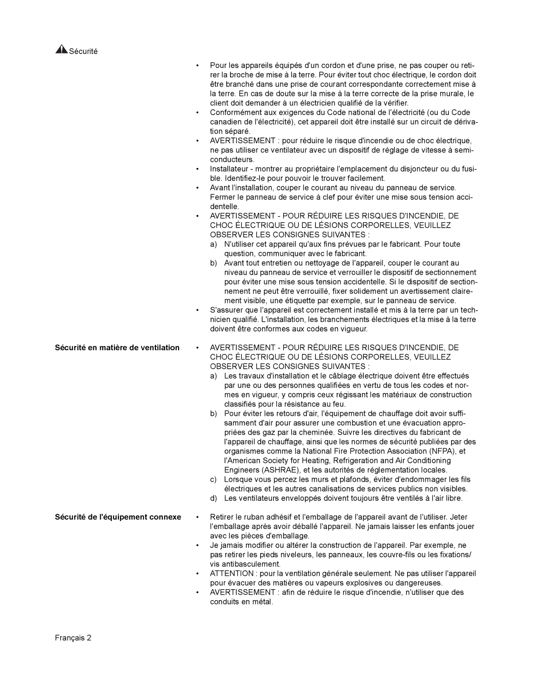 Thermador VCI2 installation manual Sécurité en matière de ventilation, Sécurité de léquipement connexe 